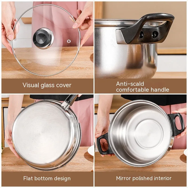 Stainless Steel Pot Set with Kettle & Frying Pan – Glass Lids, Black Handles