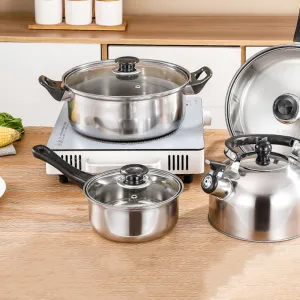 Stainless Steel Pot Set with Kettle & Frying Pan – Glass Lids, Black Handles