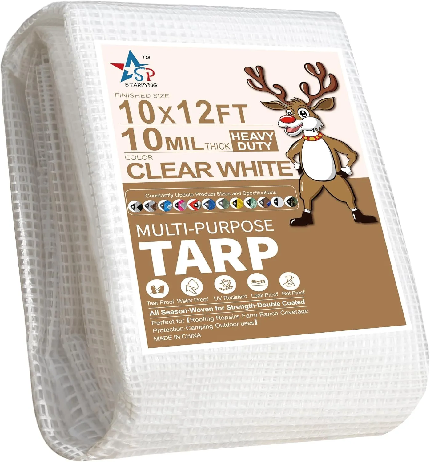STARPYNG-10 Mil Clear/White 10X12 Feet Tarp-Heavy Duty Clear Mesh Tarp-Waterproof Tarp, UV Resistance,Greenhouse, Canopy, Tent, Yard and Outdoor Activities