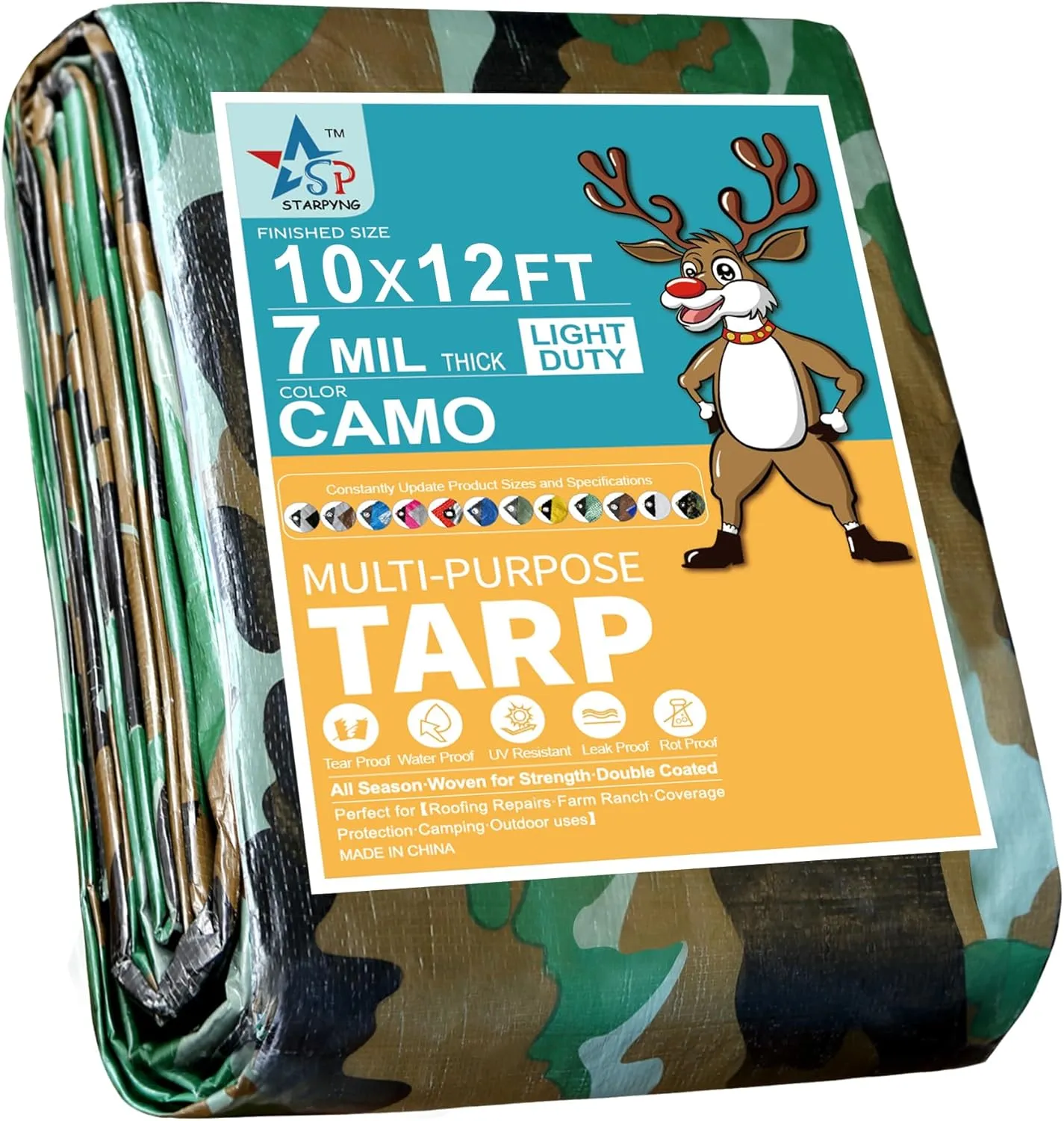 STARPYNG-7 Mil Camouflage 10x12 Feet Tarp-Multifunctional Camo Waterproof Tarpaulin-Waterproof, UV Resistant, Rip and Tear Resistant, Poly Tarpaulin with Reinforced Edges for Cover