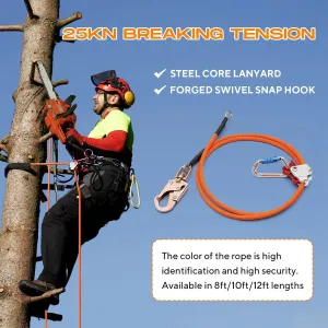 Steel Wire Core Flip Line Kit 1/2" X8ft Arborist Equipment,Adjustable Lanyard Steel Core Tree Climbing Positioning Lanyard for Fall Protection Climbers Tree Climbers,Low Stretch Cut Resistant