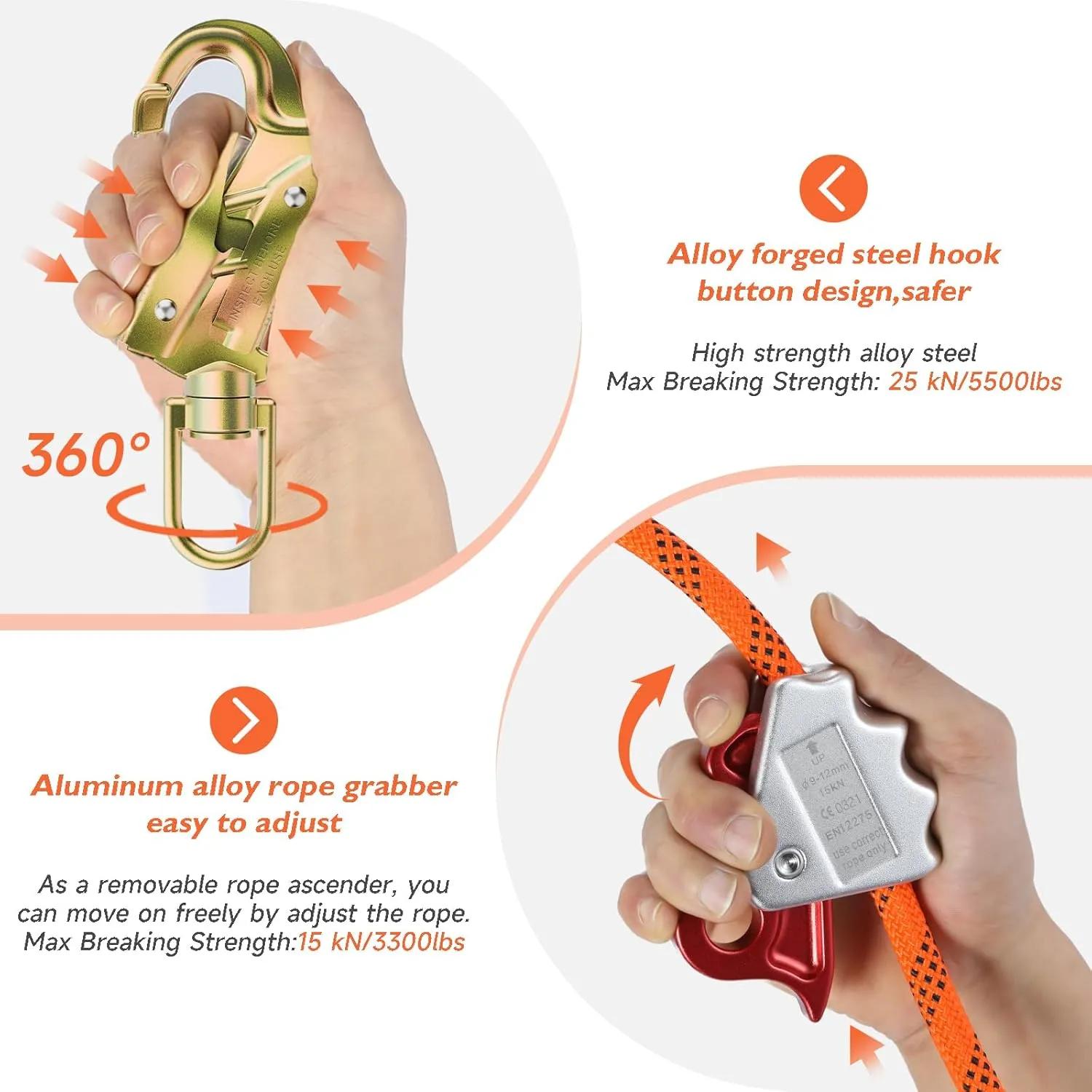 Steel Wire Core Flipline 1/2" X 10ft Fall Protection Arborist Climbing Flip Line Tree Climbing Rope with Steel Swivel Snap Hook Triple Lock Carabiner Rope Grab Adjuster