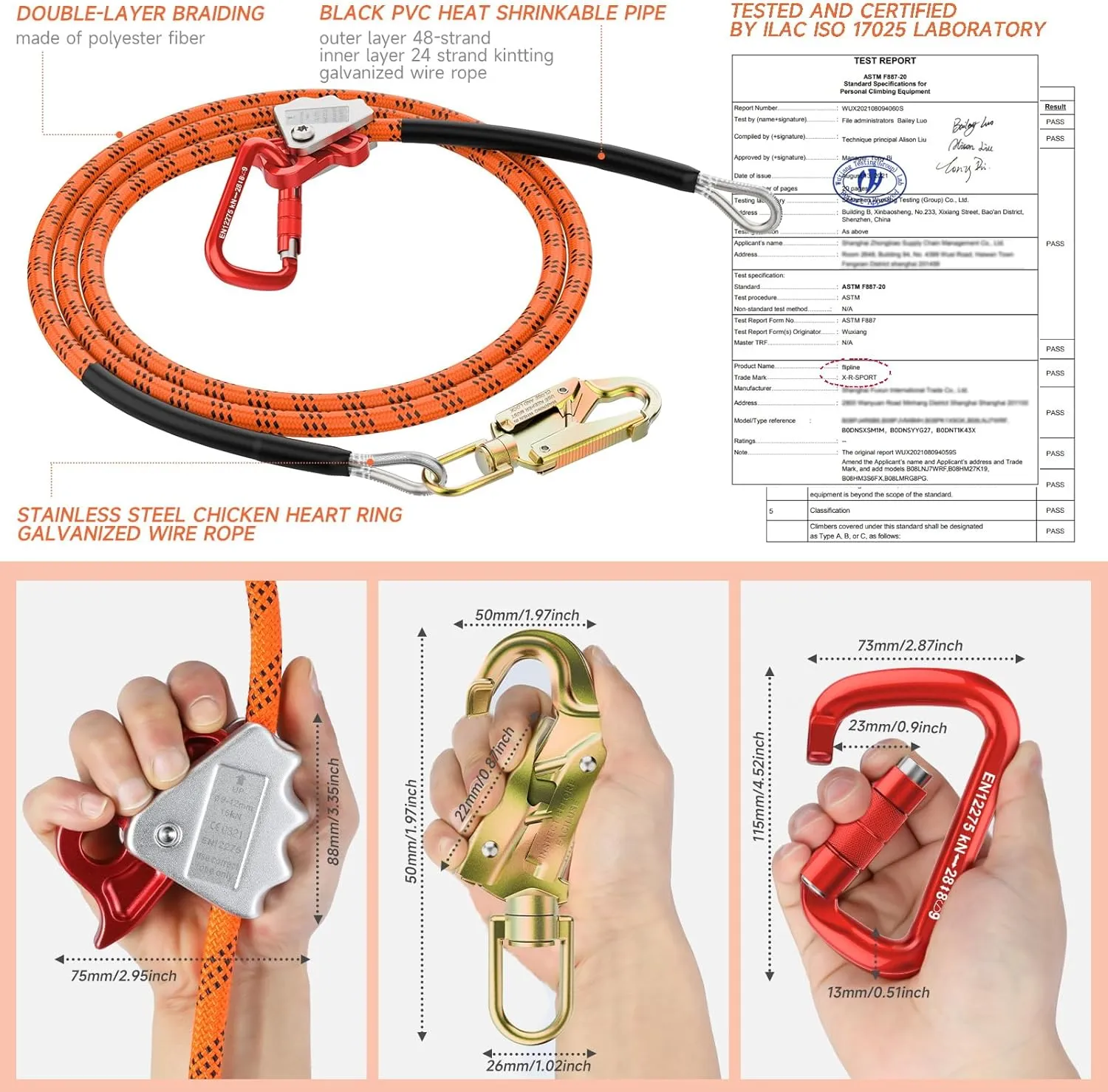 Steel Wire Core Flipline 1/2" X 10ft Fall Protection Arborist Climbing Flip Line Tree Climbing Rope with Steel Swivel Snap Hook Triple Lock Carabiner Rope Grab Adjuster