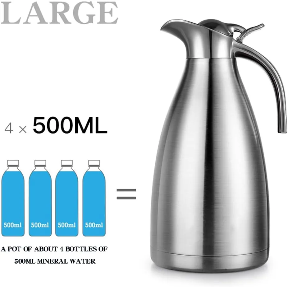 Sumerflos 68 Oz Stainless Steel Coffee Thermal Carafe/Double Walled Vacuum Thermos Insulated / 12 Hour Heat Retention / 2 Liters (Silver)