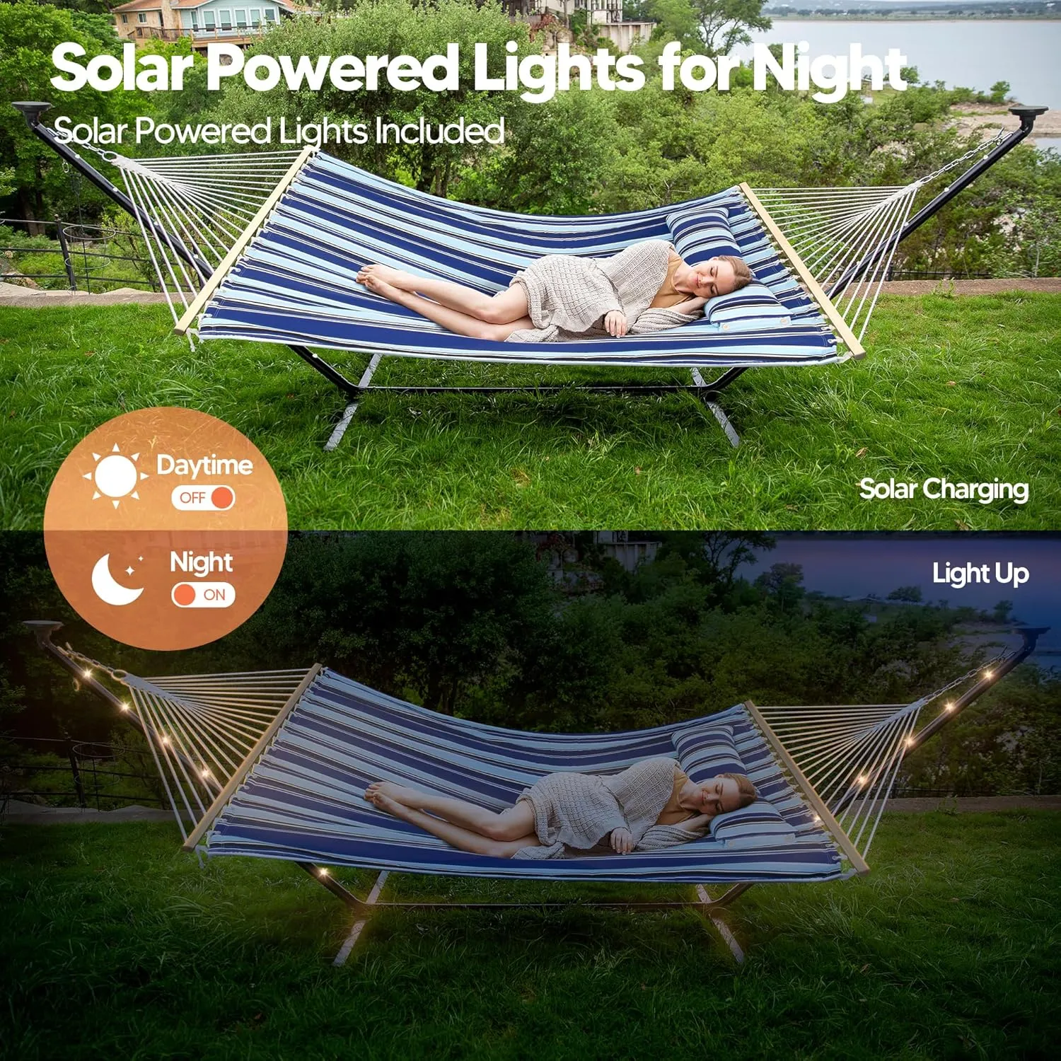 SUNCREAT Double Backyard Hammock with Solar Powered Lights for Outside, 475 lbs Capacity, Heavy Duty Self Standing Hammock with 12 ft Stand, Blue