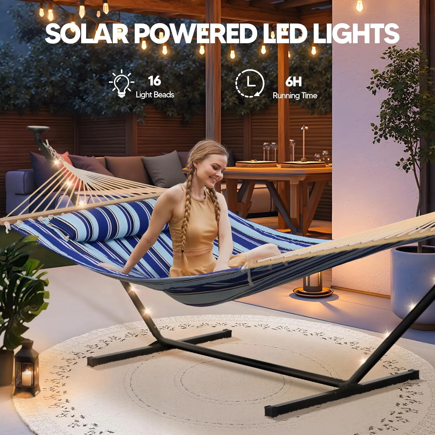 SUNCREAT Double Backyard Hammock with Solar Powered Lights for Outside, 475 lbs Capacity, Heavy Duty Self Standing Hammock with 12 ft Stand, Blue