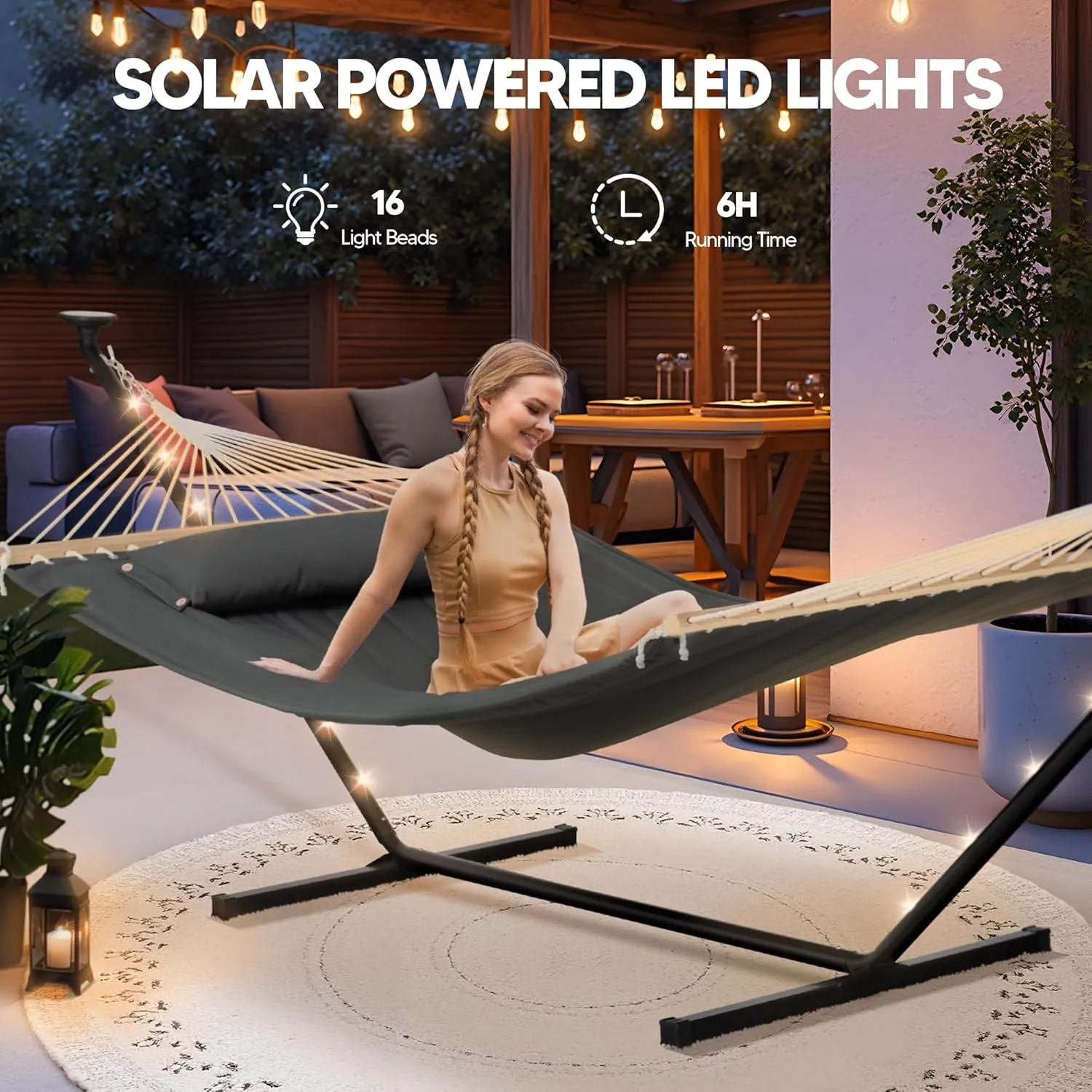 SUNCREAT Double Hammock with 12 ft Stand, Solar Powered Lights Included, Outdoor Hammock for Outside, Dark Gray