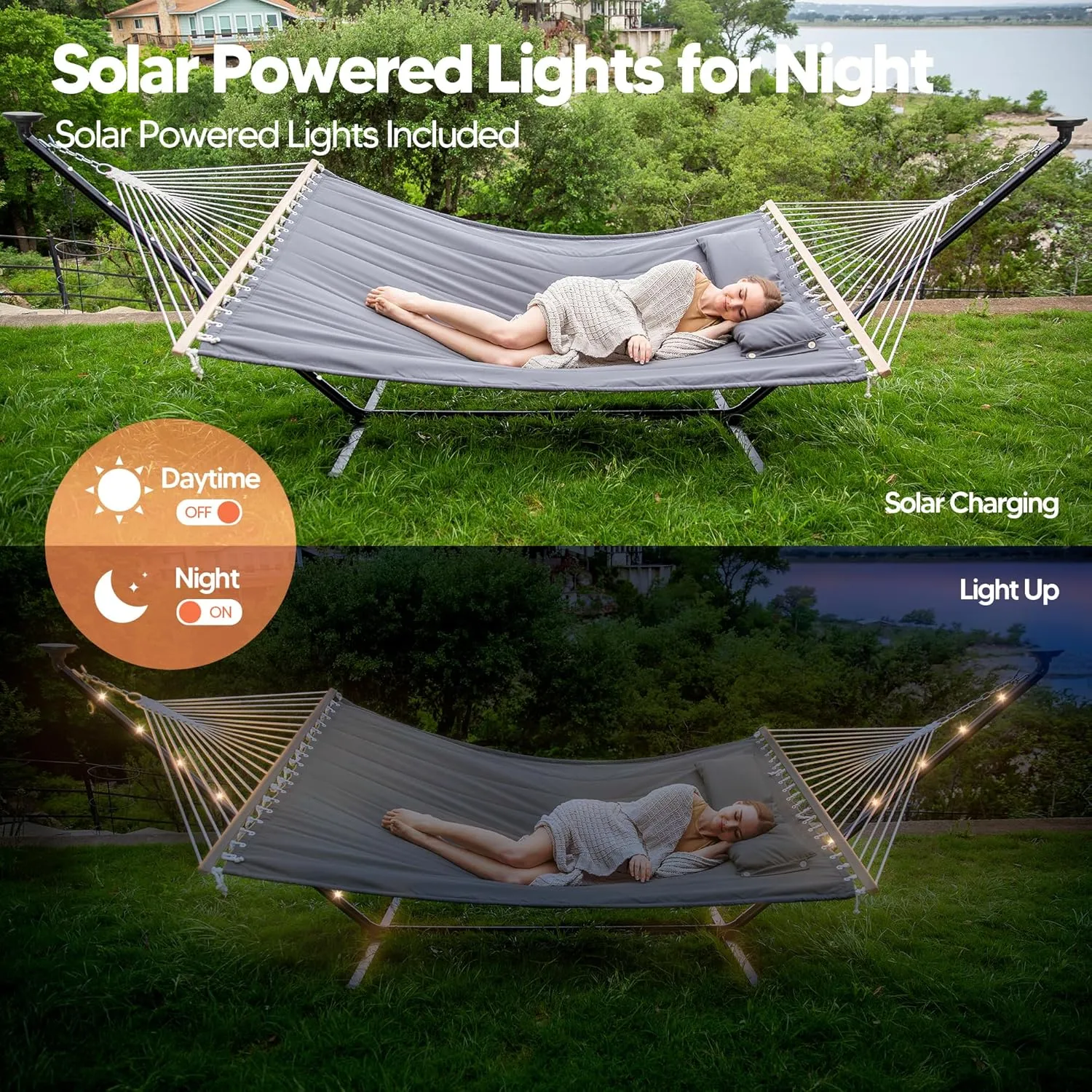 SUNCREAT Double Hammock with 12 ft Stand, Solar Powered Lights Included, Outdoor Hammock for Outside, Dark Gray