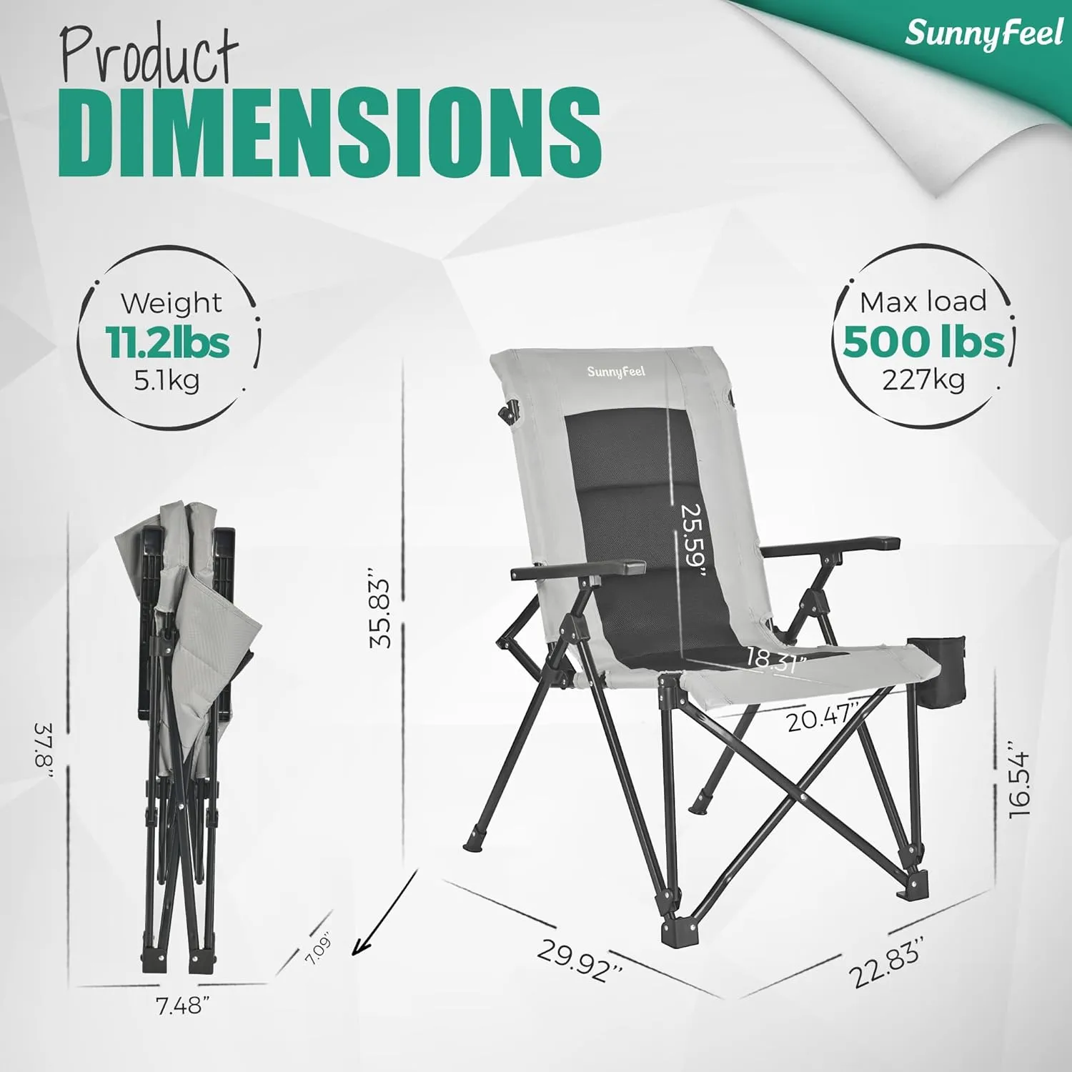 SUNNYFEEL Ergonomic High Back Camp Chair - 500lbs Heavy Duty Folding Chair, UV-Resistant Portable Camp Chair with Hard Armrests, Cup Holder＆ Bag for Outdoor, Basebal, Travel, Sports, Hiking, Fishing