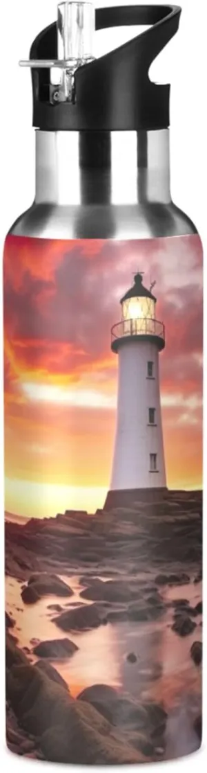 Sunset Scenery Of Lighthouse Insulated Water Bottle 20oz Stainless Steel Double Wall Vacuum BPA free Leak Proof Sports Water Bottle with Straw & Wide Mouth Lids Cup for Sports Travel Fitness
