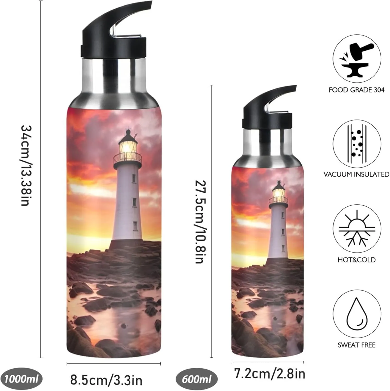 Sunset Scenery Of Lighthouse Insulated Water Bottle 20oz Stainless Steel Double Wall Vacuum BPA free Leak Proof Sports Water Bottle with Straw & Wide Mouth Lids Cup for Sports Travel Fitness