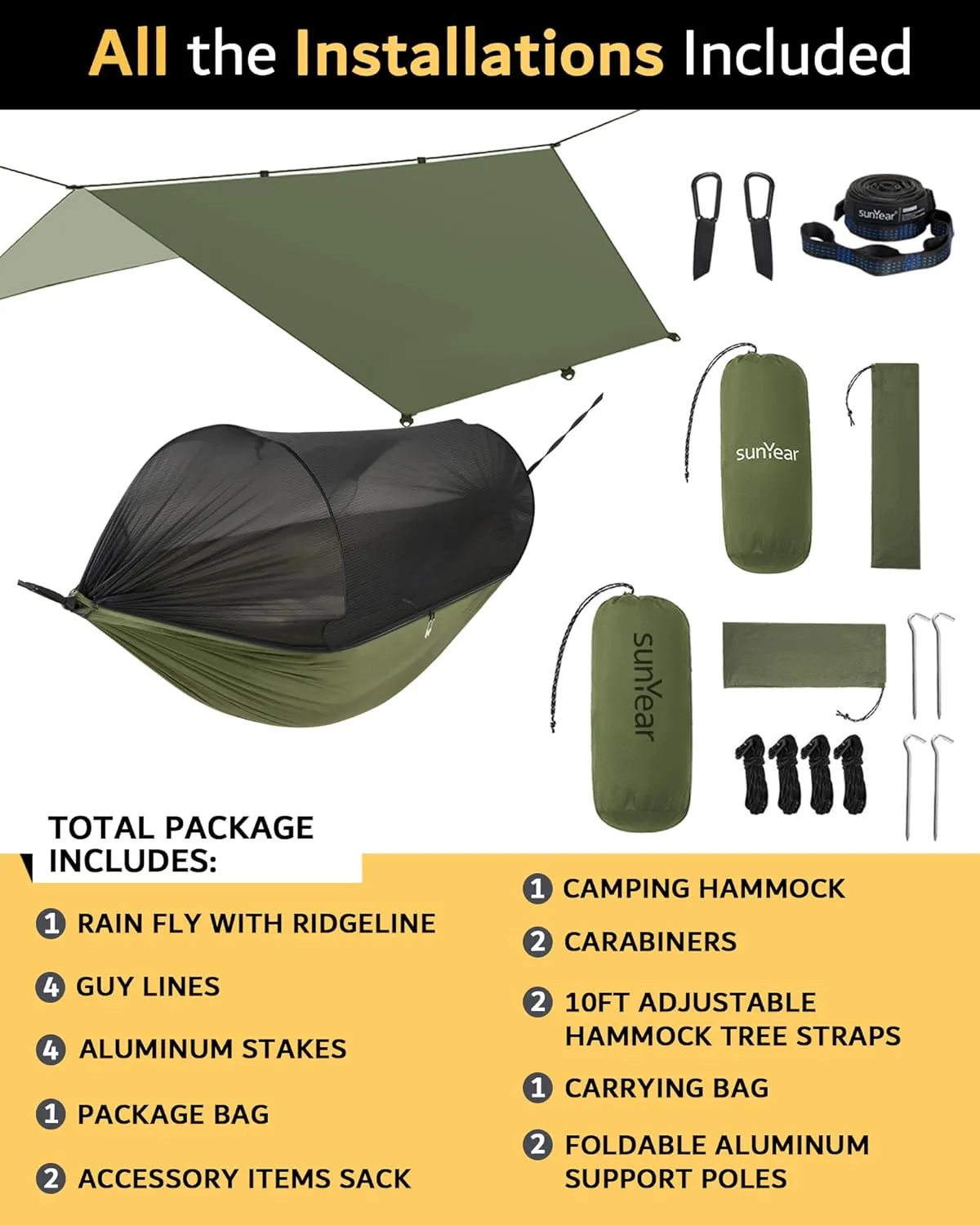 Sunyear Camping Hammock with Net - Double&Single Hammock with House-Like Net- Easy Setup & Pack, Lightweight & Portable, Perfect for Hiking, Backpacking, Outdoor Sleeping