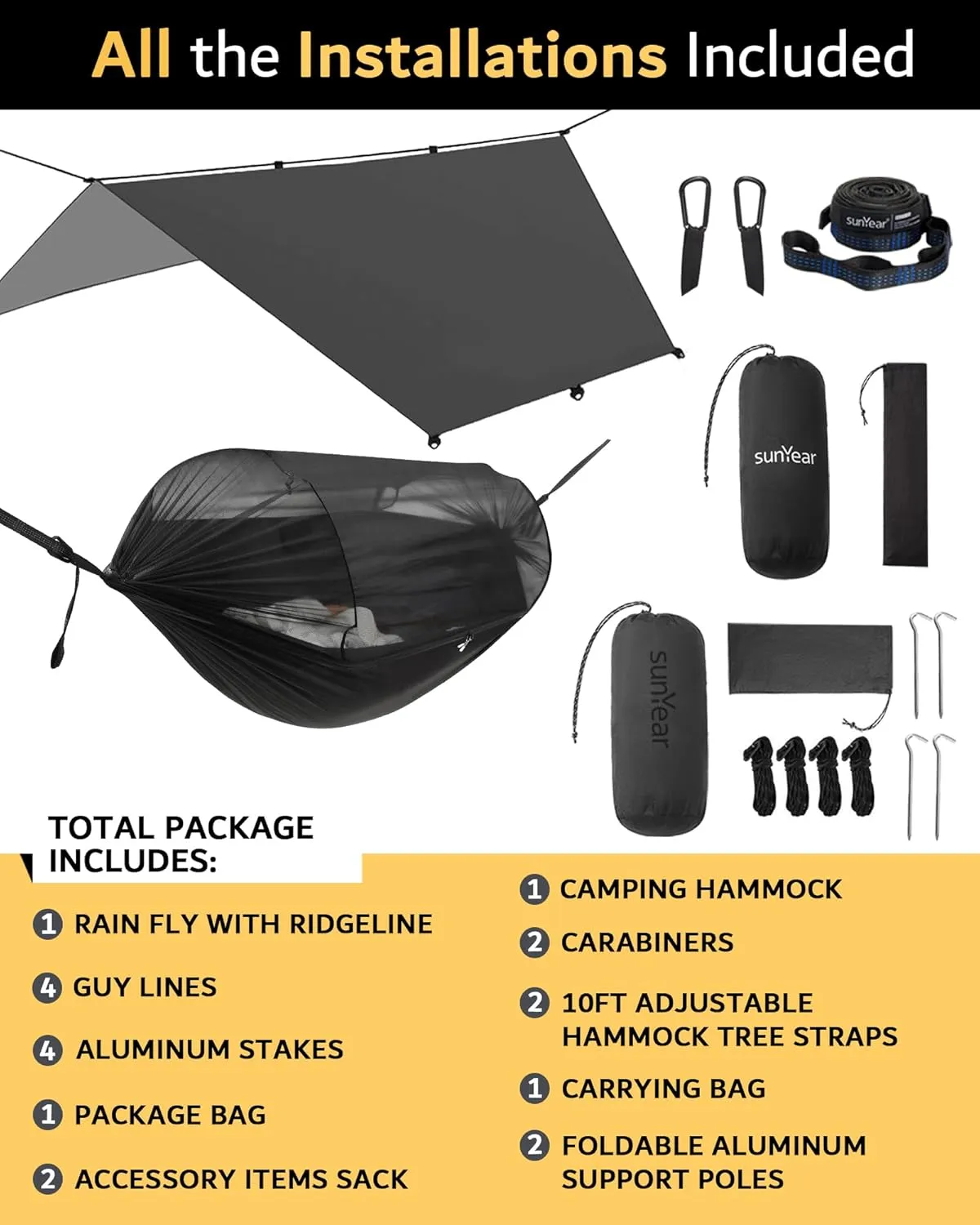 Sunyear Camping Hammock with Net - Double&Single Hammock with House-Like Net- Easy Setup & Pack, Lightweight & Portable, Perfect for Hiking, Backpacking, Outdoor Sleeping