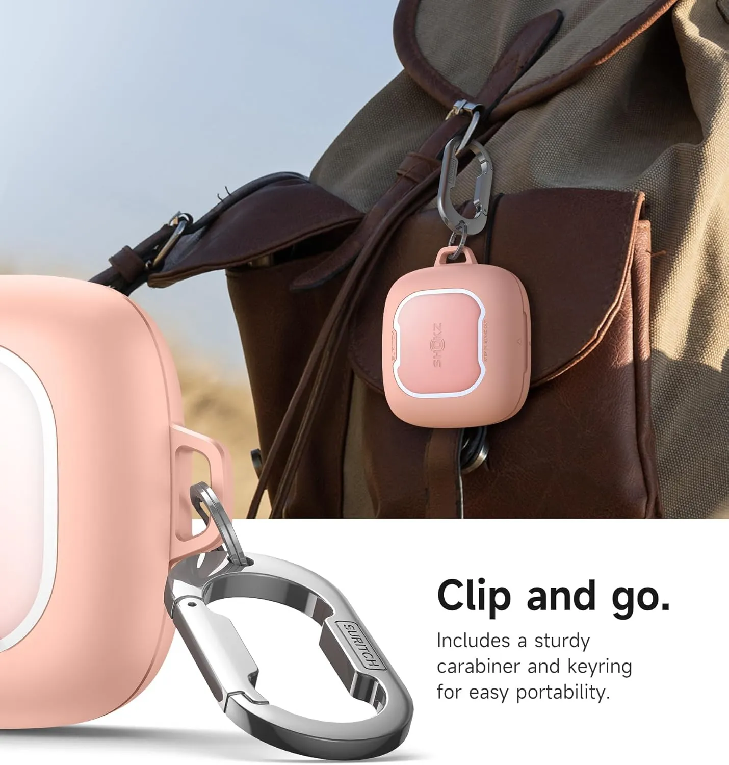 SURITCH for SHOKZ OpenFit Air Case Cover, Magnetic Locking Cases for SHOKZ OpenFit Air Open-Ear Headphones, Protective Bumper Cover with Carabiner & Keyring for OpenFit Air Earbuds (2024), Pink