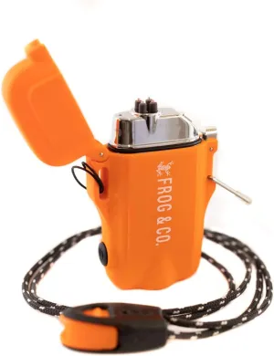 Survival Frog Tough Electric Lighter 2.0 - Waterproof & Windproof Lighters - Flameless Top-Facing Dual Arc Plasma, USB Rechargeable w/Built-in Flashlight, Camping, Survival Fire Starter (Orange)