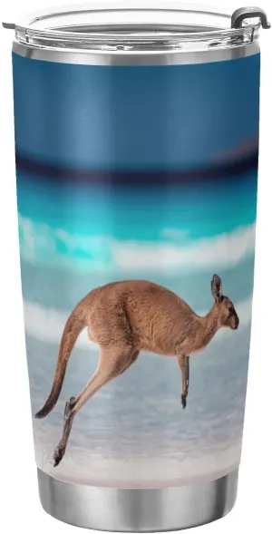 susiyo Kangaroo Jumping on Beach Vacuum Insulated Cup 20 oz Double Wall Stainless Steel Coffee Mug with Lid and 2 Straws