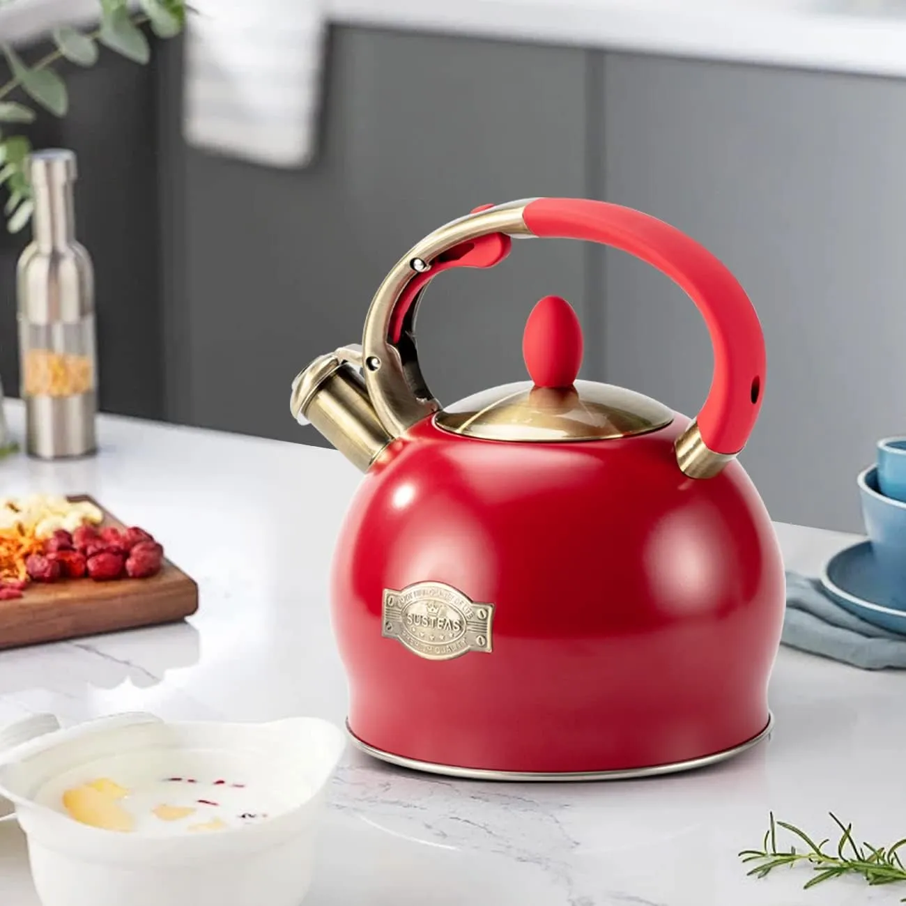 SUSTEAS Stove Top Whistling Tea Kettle - Food Grade Stainless Steel Teakettle Teapot with Cool Touch Ergonomic Handle, With 1 Silicone Pinch Mitt Included, 2.64 Quart(RED)