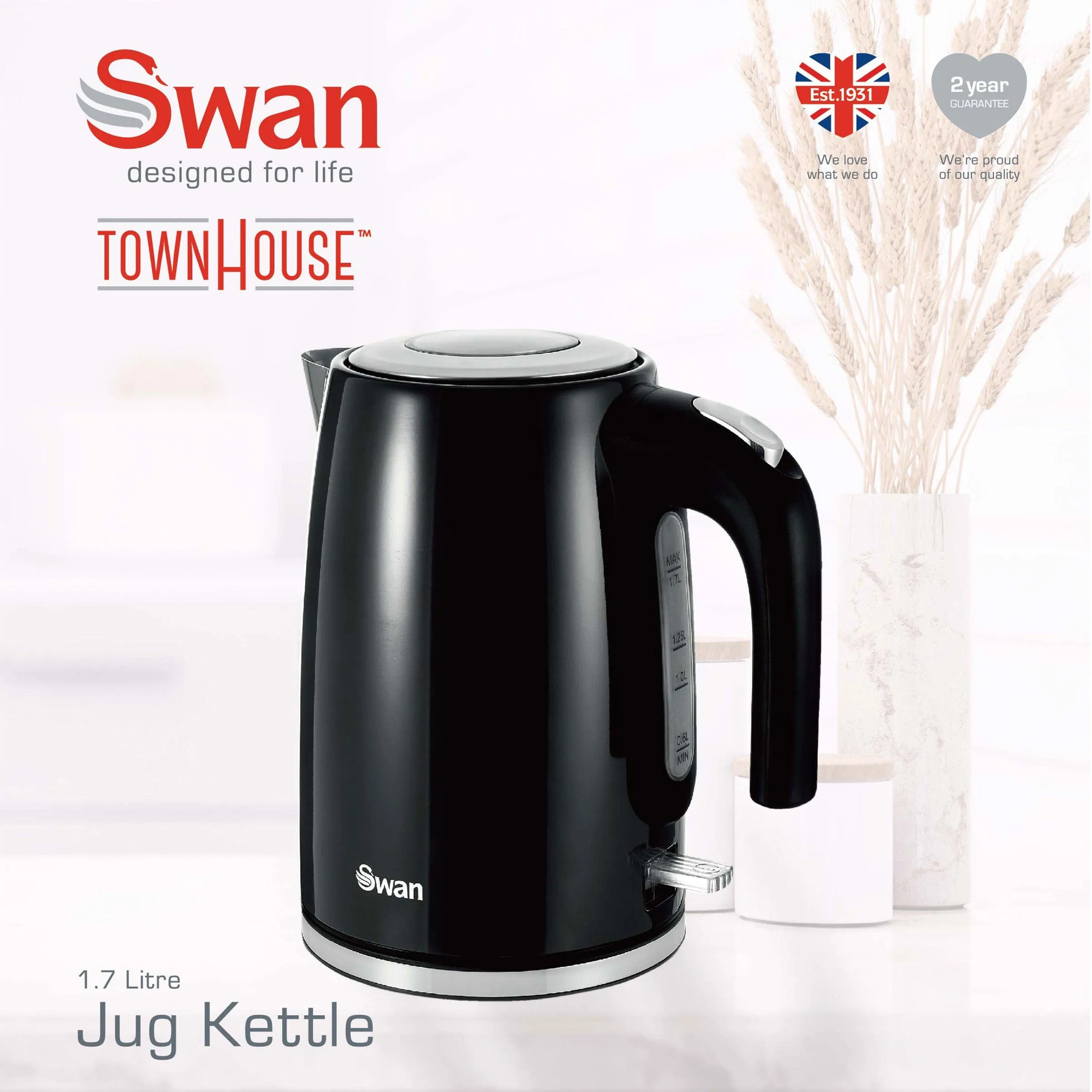 Swan Townhouse Stainless Steel Black 1,7 Litre Jug Kettle STH17B