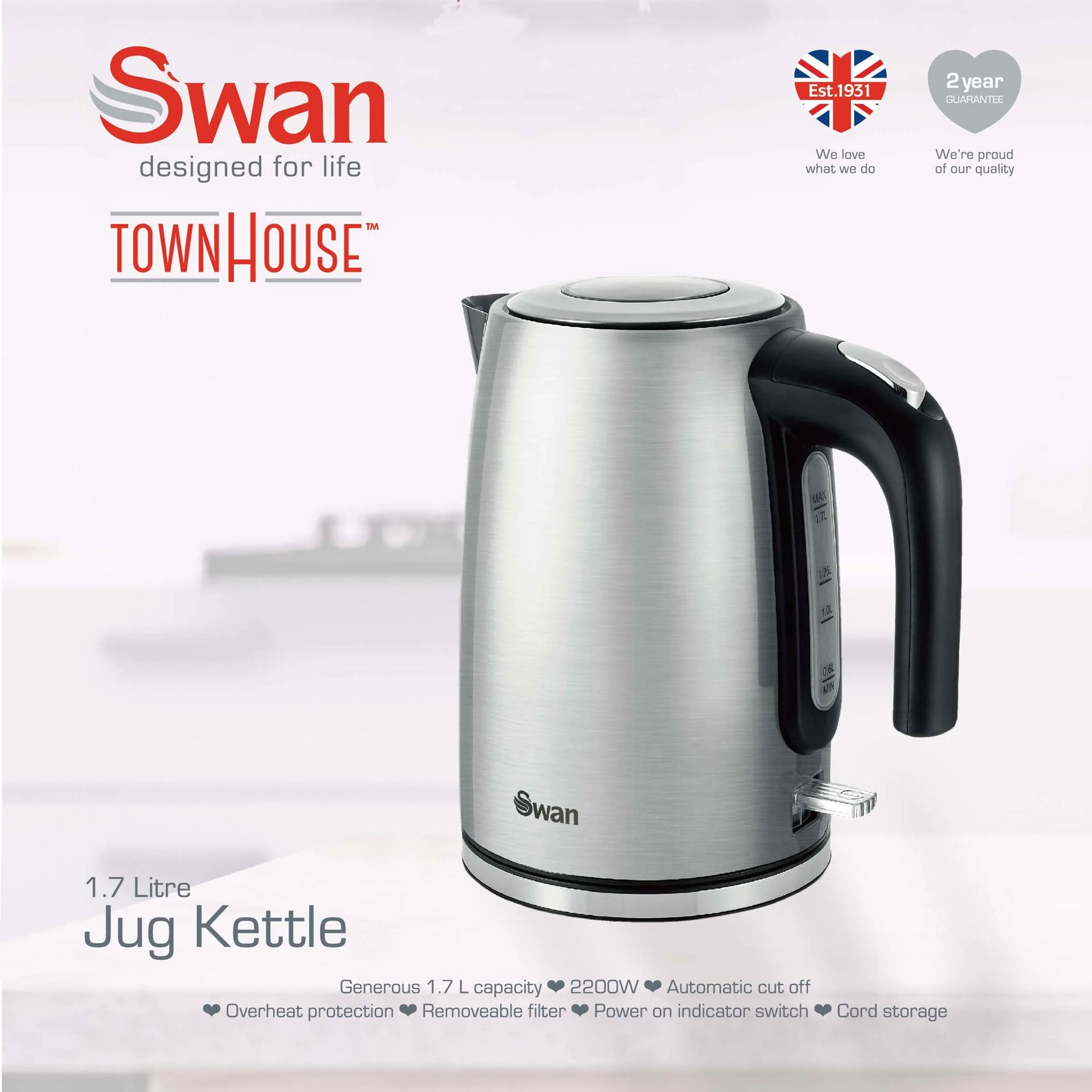 Swan Townhouse Stainless Steel Silver 1,7 Litre Jug Kettle STH17S