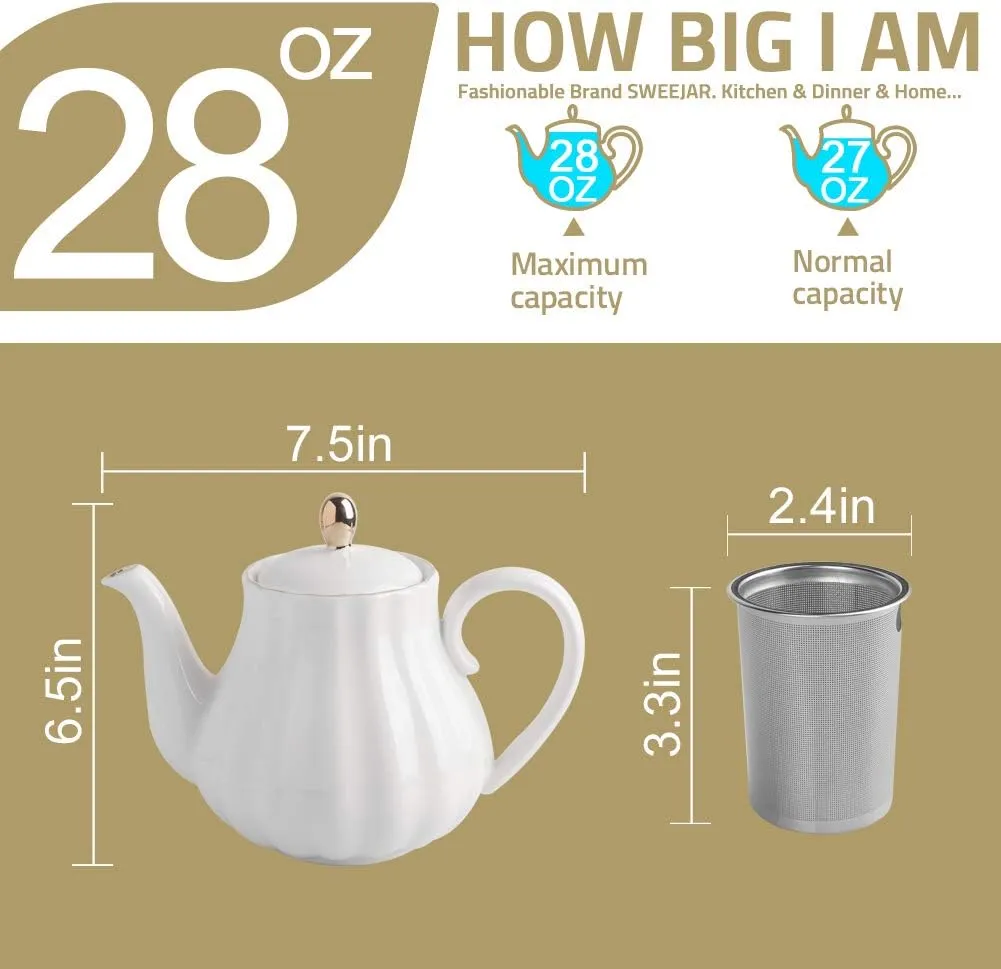 Sweejar Royal Teapot, Ceramic Tea Pot with Removable Stainless Steel Infuser, Blooming & Loose Leaf Teapot - 28 Ounce(Pink)