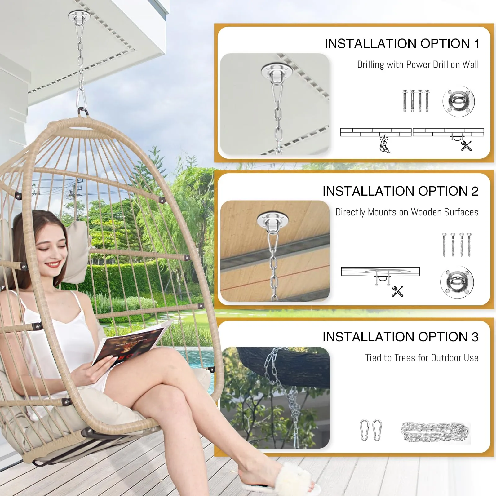 Swing Egg Chair Without Stand Indoor Outdoor Wicker Rattan Patio Basket Hanging Chair no Stand with UV Resistant Cushions 265lbs Capacity for Bedroom Balcony Patio (Beige)