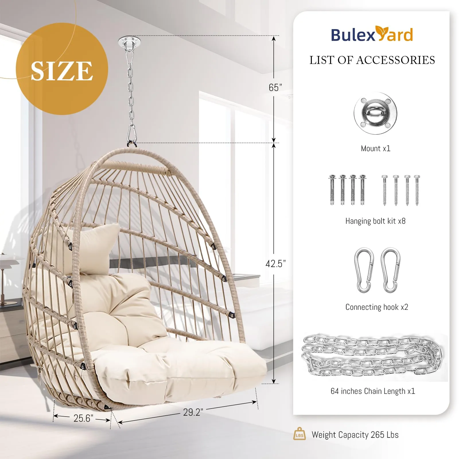 Swing Egg Chair Without Stand Indoor Outdoor Wicker Rattan Patio Basket Hanging Chair no Stand with UV Resistant Cushions 265lbs Capacity for Bedroom Balcony Patio (Beige)
