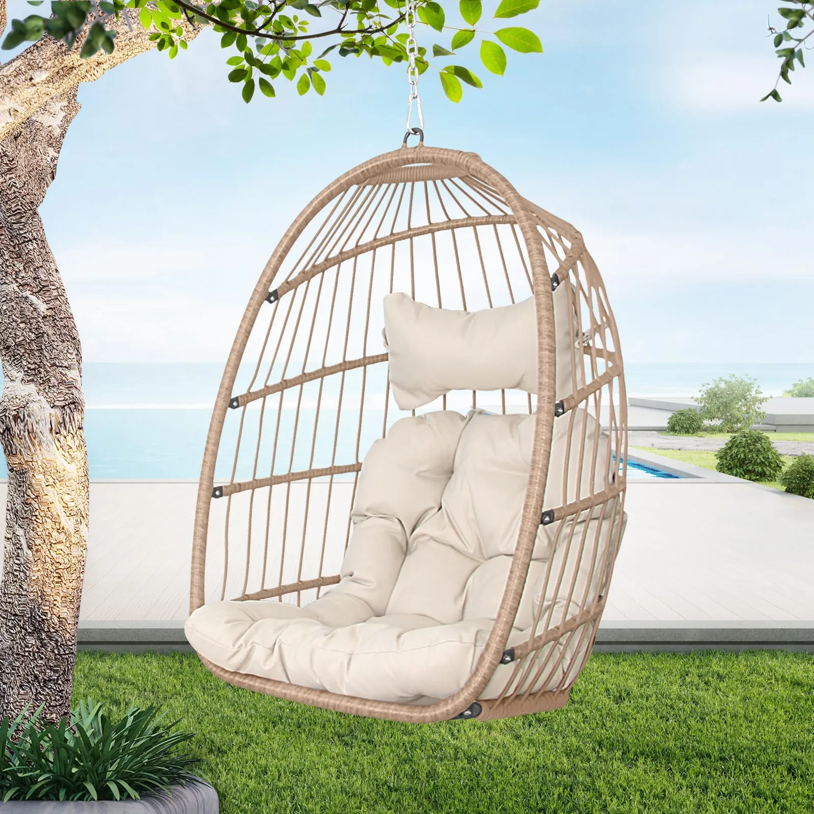 Swing Egg Chair Without Stand Indoor Outdoor Wicker Rattan Patio Basket Hanging Chair no Stand with UV Resistant Cushions 265lbs Capacity for Bedroom Balcony Patio (Beige)