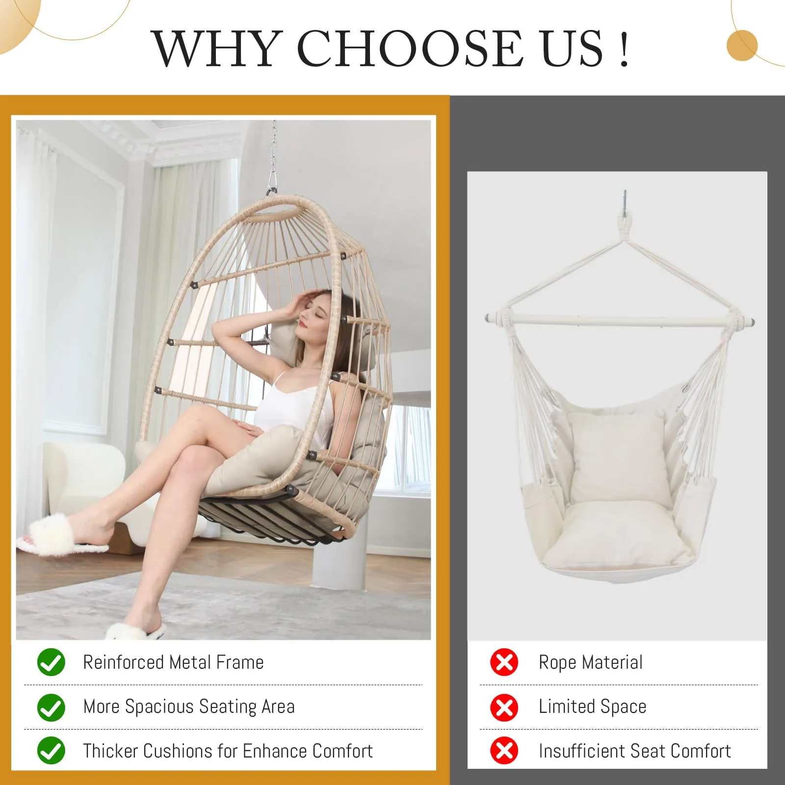 Swing Egg Chair Without Stand Indoor Outdoor Wicker Rattan Patio Basket Hanging Chair no Stand with UV Resistant Cushions 265lbs Capacity for Bedroom Balcony Patio (Beige)