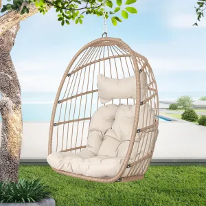 Swing Egg Chair Without Stand Indoor Outdoor Wicker Rattan Patio Basket Hanging Chair no Stand with UV Resistant Cushions 265lbs Capacity for Bedroom Balcony Patio (Beige)