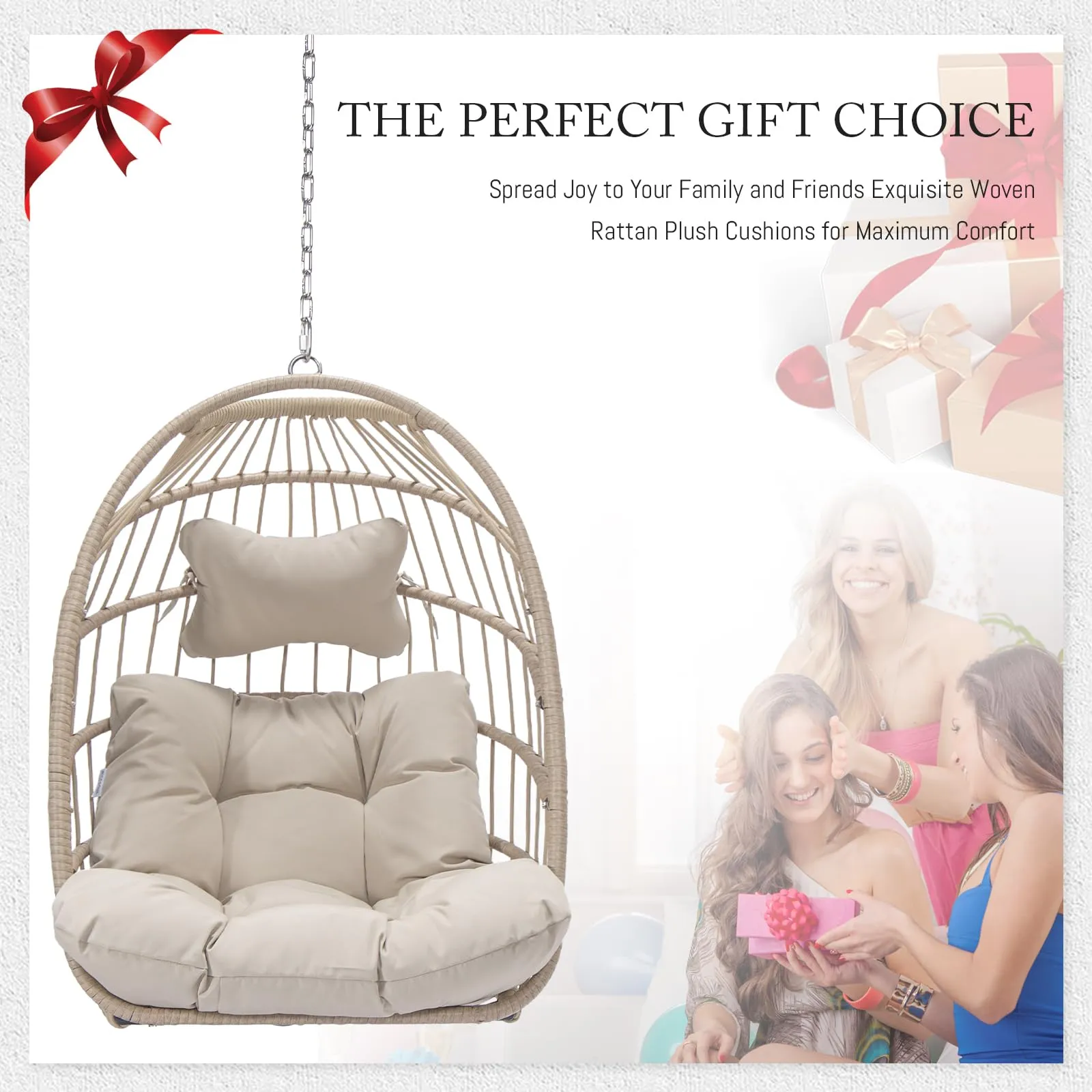 Swing Egg Chair Without Stand Indoor Outdoor Wicker Rattan Patio Basket Hanging Chair no Stand with UV Resistant Cushions 265lbs Capacity for Bedroom Balcony Patio (Beige)