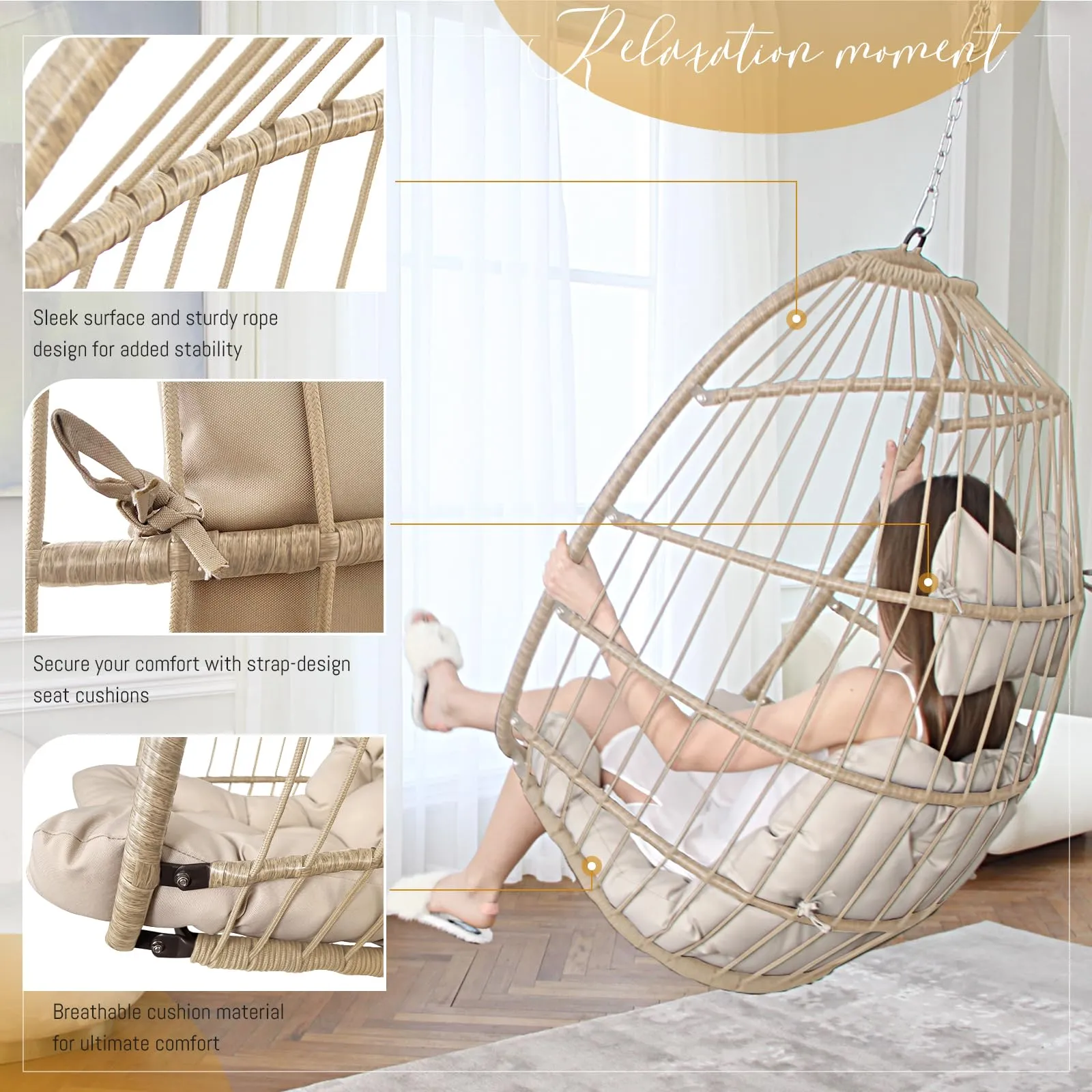 Swing Egg Chair Without Stand Indoor Outdoor Wicker Rattan Patio Basket Hanging Chair no Stand with UV Resistant Cushions 265lbs Capacity for Bedroom Balcony Patio (Beige)