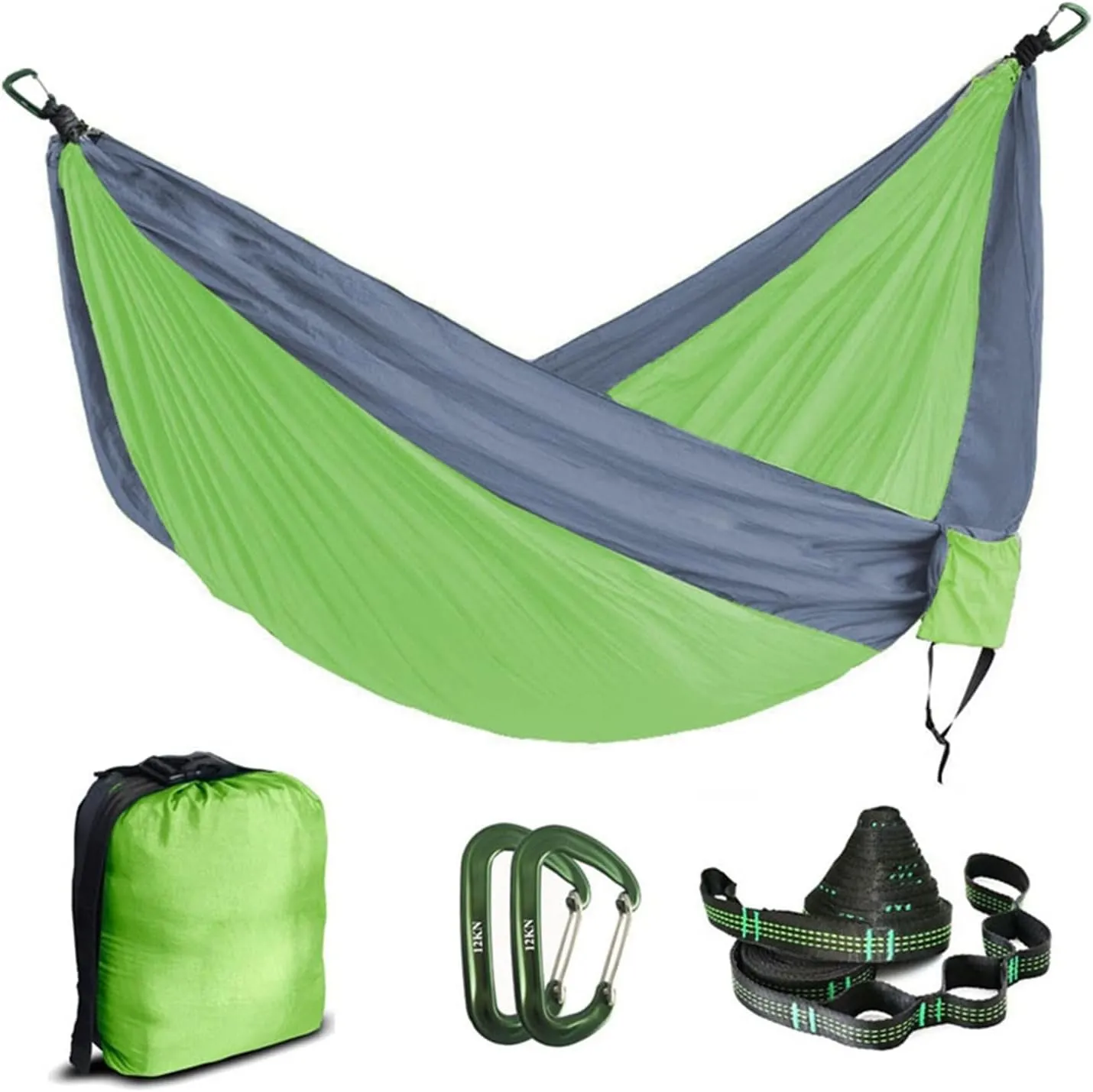 Swing Set Double Parachute Hammock, Nylon Fabric, Portable Army Survival Hammock for Outdoor Travel Camping Swing Seat (Color : Green and Light Grey)