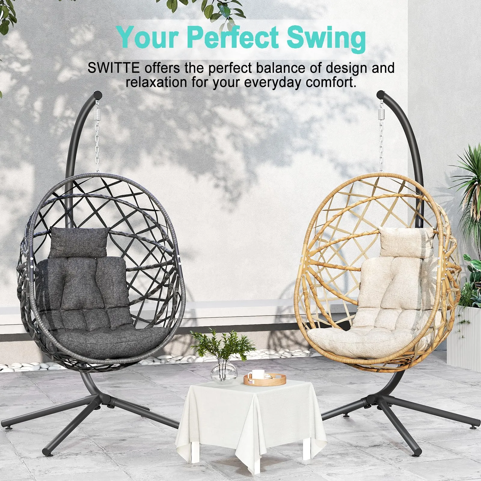 SWITTE Hanging Egg Chair with Stand, Outdoor Egg Swing Chair with Stand, Indoor Wicker Hammock Chair with Cushion for Patio, Garden-Cream