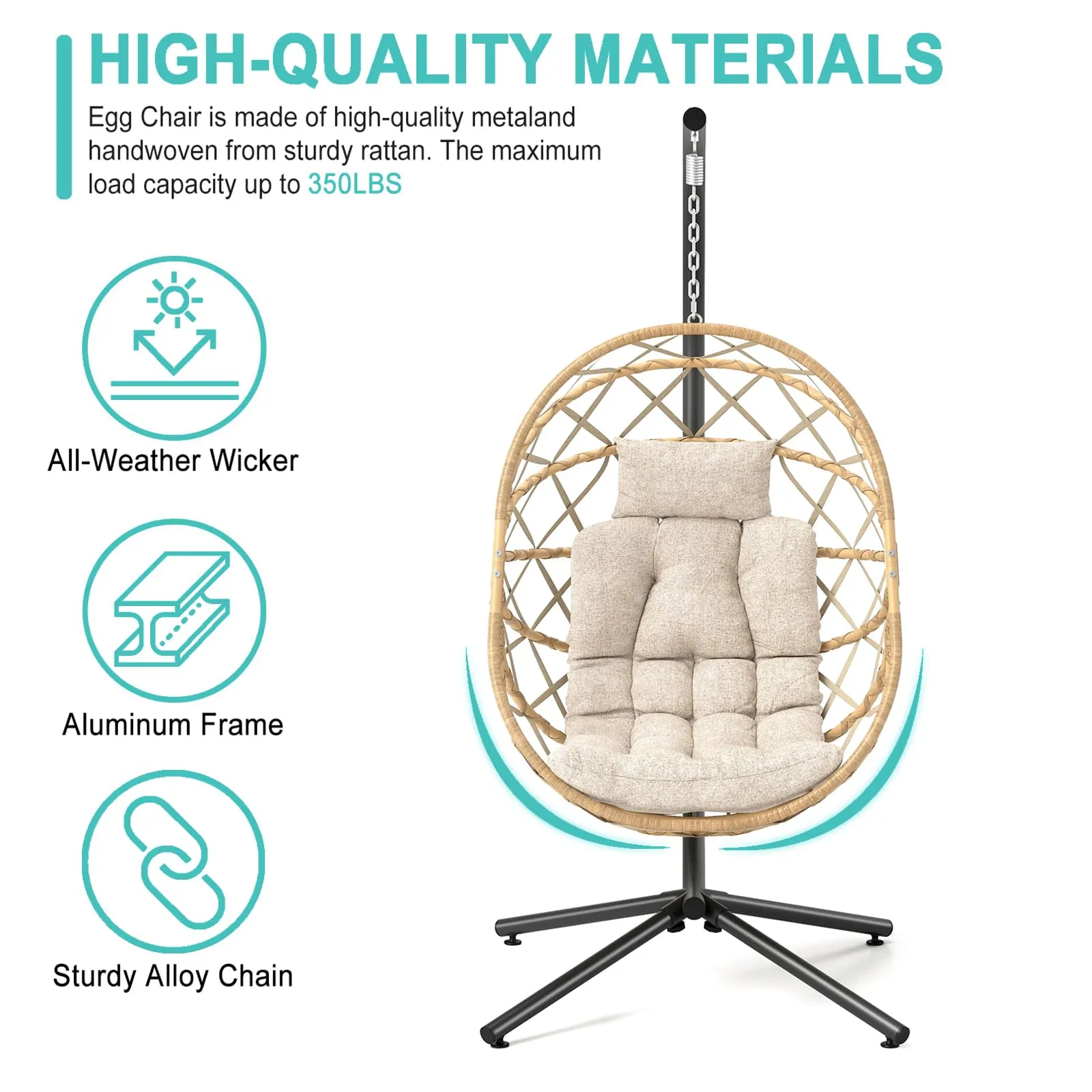 SWITTE Hanging Egg Chair with Stand, Outdoor Egg Swing Chair with Stand, Indoor Wicker Hammock Chair with Cushion for Patio, Garden-Cream