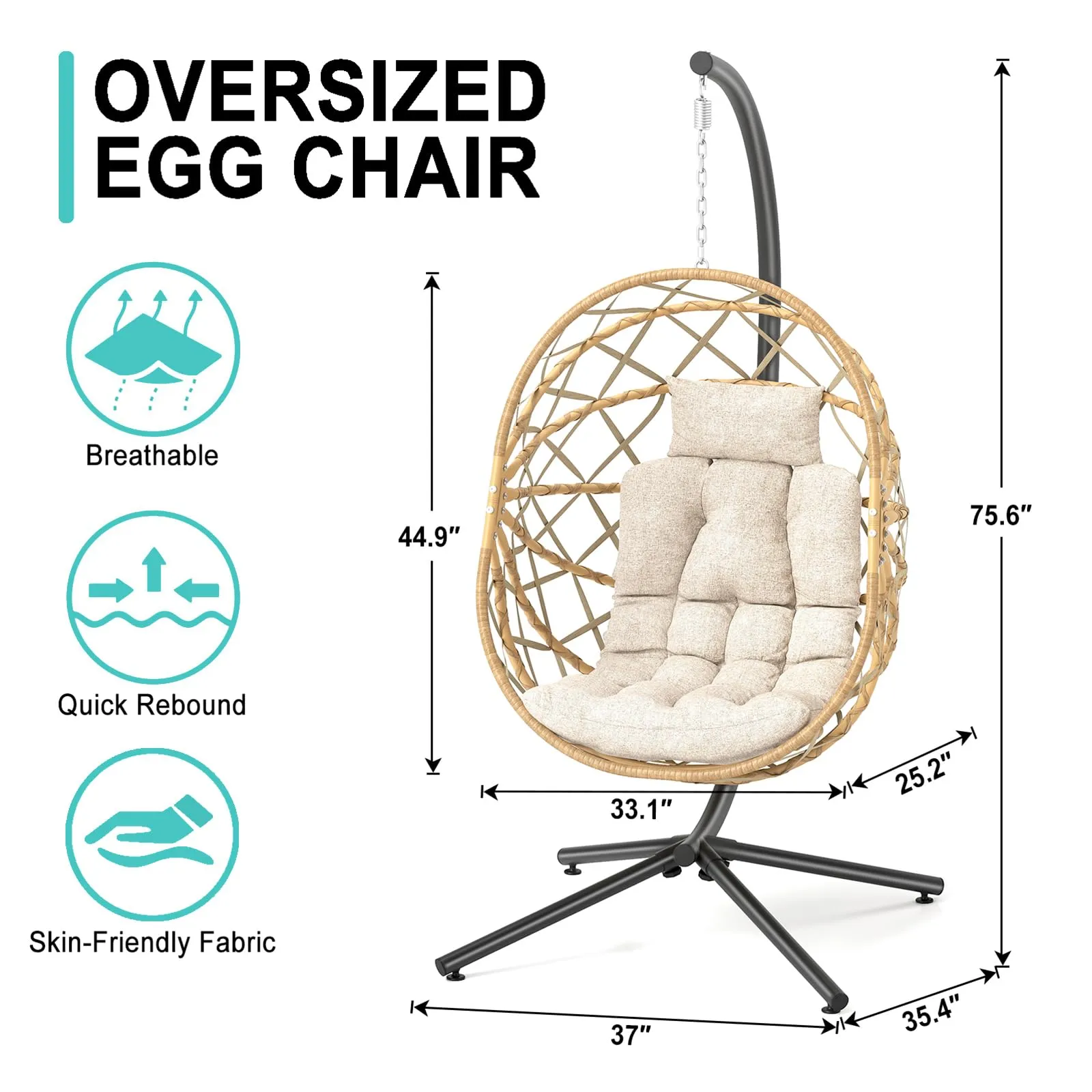 SWITTE Hanging Egg Chair with Stand, Outdoor Egg Swing Chair with Stand, Indoor Wicker Hammock Chair with Cushion for Patio, Garden-Cream