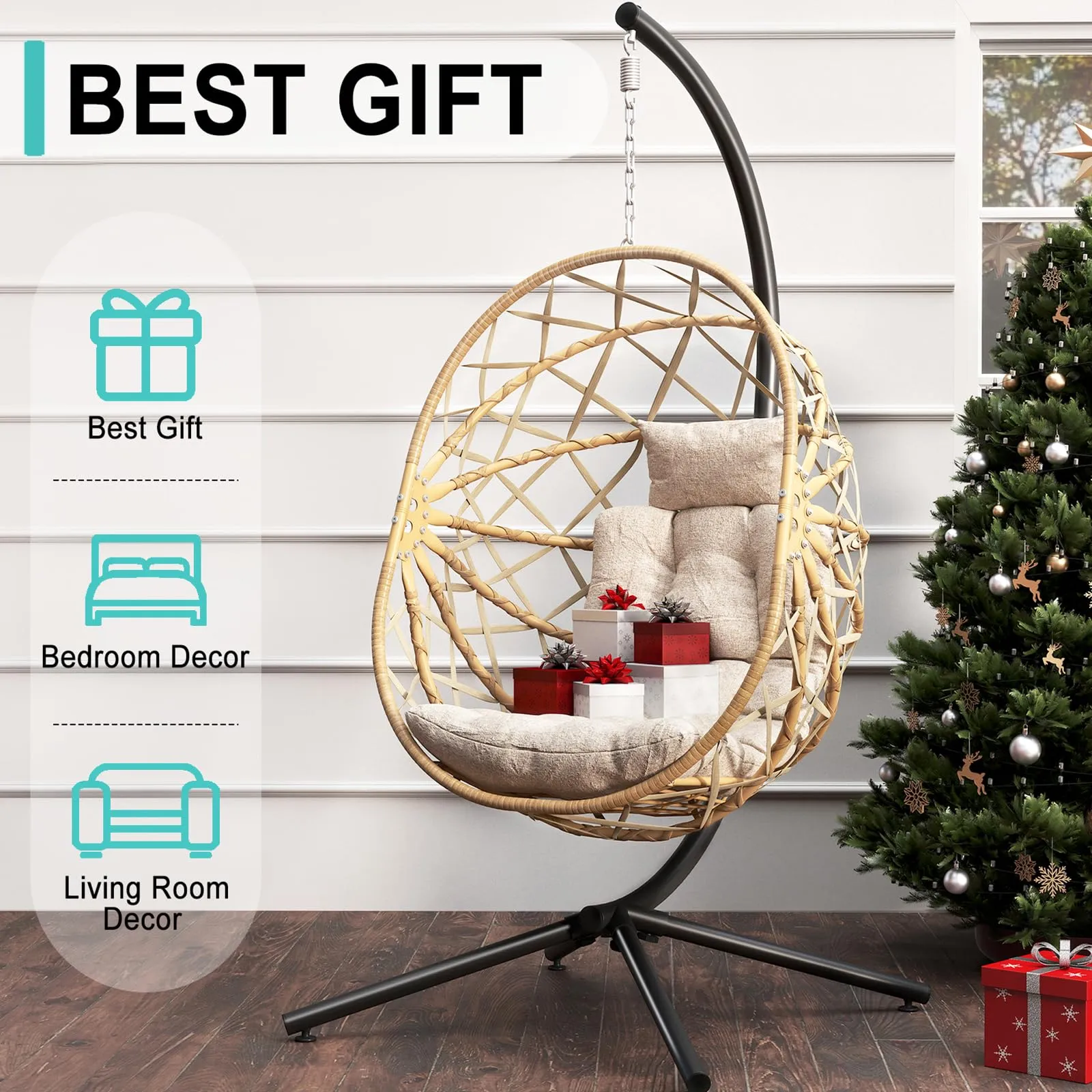 SWITTE Hanging Egg Chair with Stand, Outdoor Egg Swing Chair with Stand, Indoor Wicker Hammock Chair with Cushion for Patio, Garden-Cream