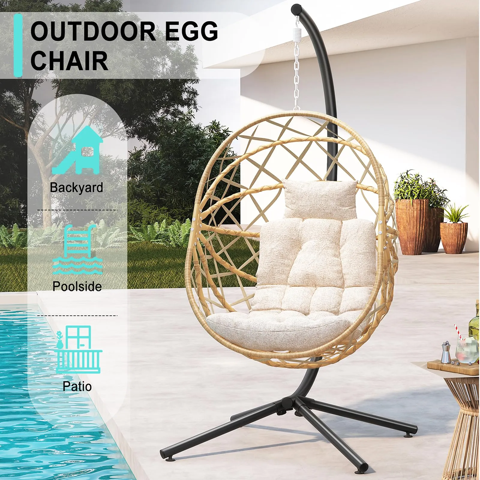 SWITTE Hanging Egg Chair with Stand, Outdoor Egg Swing Chair with Stand, Indoor Wicker Hammock Chair with Cushion for Patio, Garden-Cream