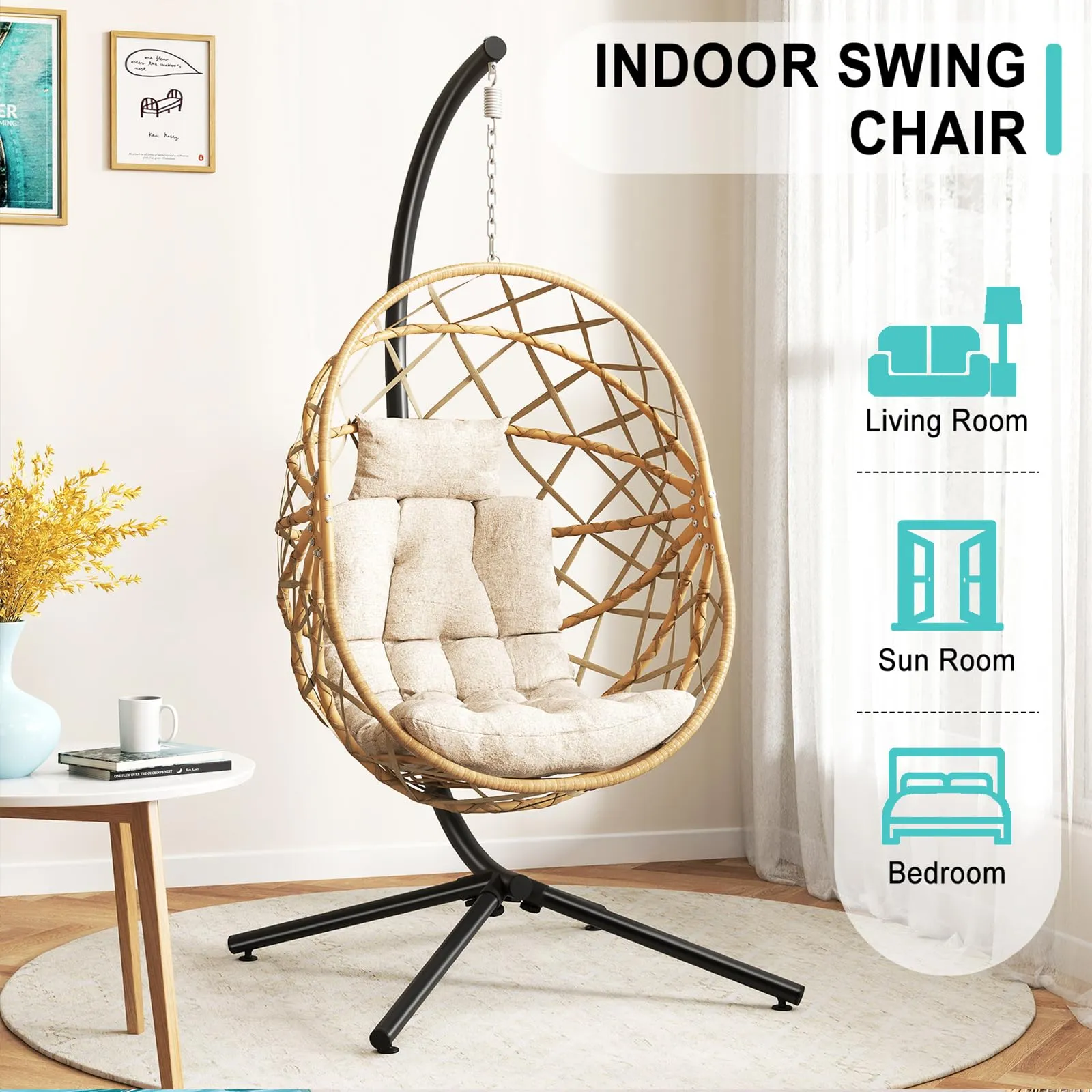 SWITTE Hanging Egg Chair with Stand, Outdoor Egg Swing Chair with Stand, Indoor Wicker Hammock Chair with Cushion for Patio, Garden-Cream