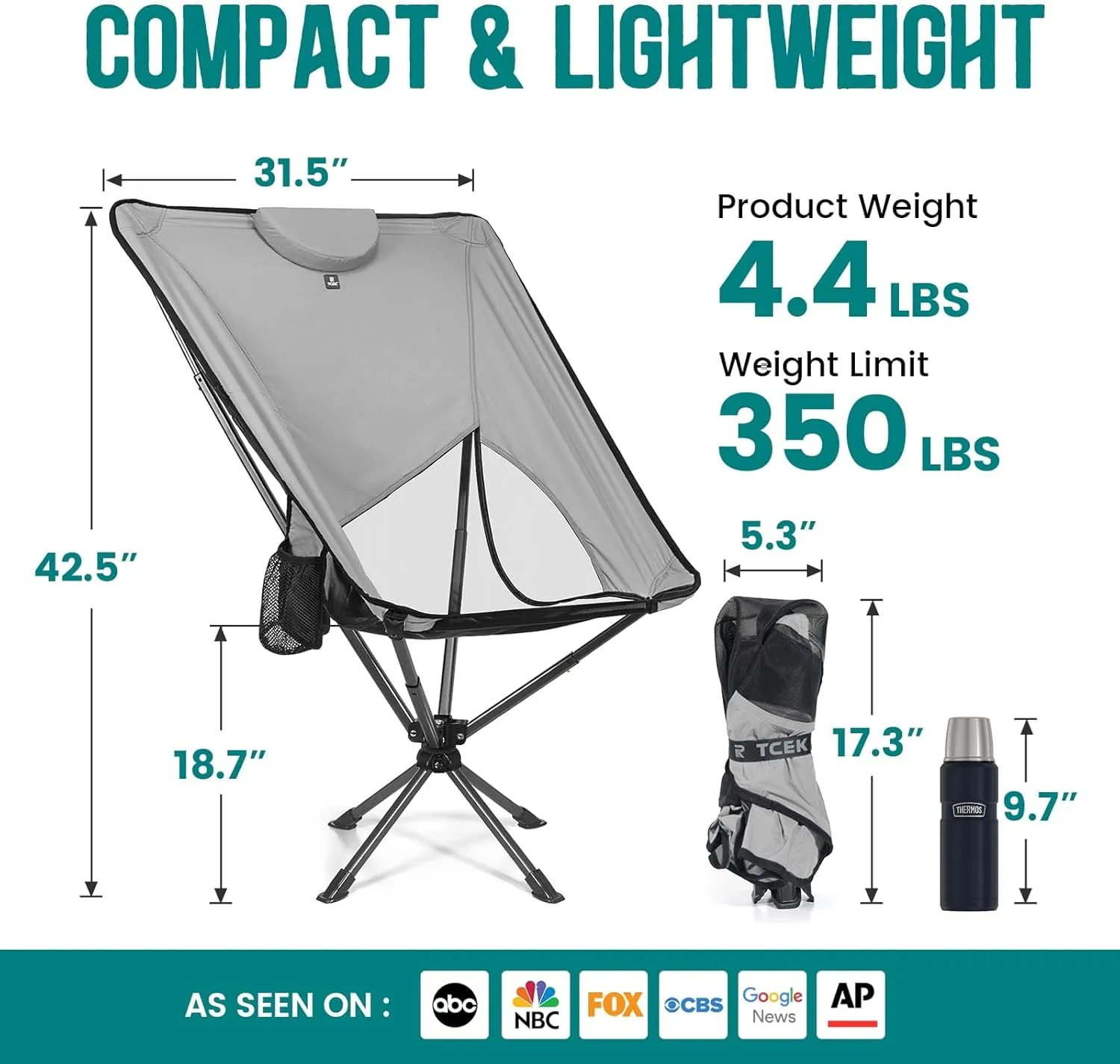 Swivel Portable High Back Camping Chair Small Compact Lightweight Folding Chairs for Adults, Outdoor Collapsible Backpack Chair for Camp, Travel, Sports, Easy Carry and Quick Setup