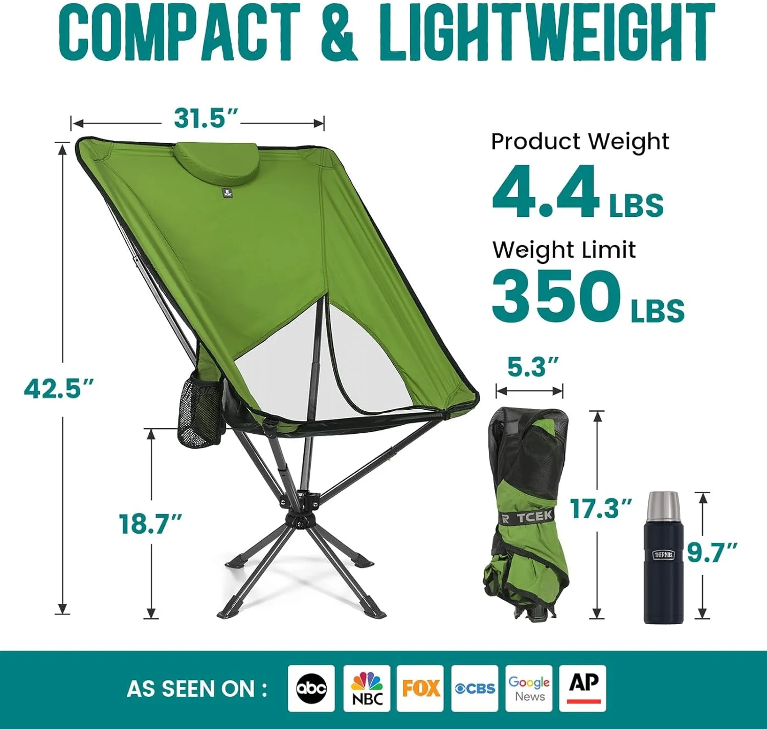 Swivel Portable High Back Camping Chair Small Compact Lightweight Folding Chairs for Adults, Outdoor Collapsible Backpack Chair for Camp, Travel, Sports, Easy Carry and Quick Setup