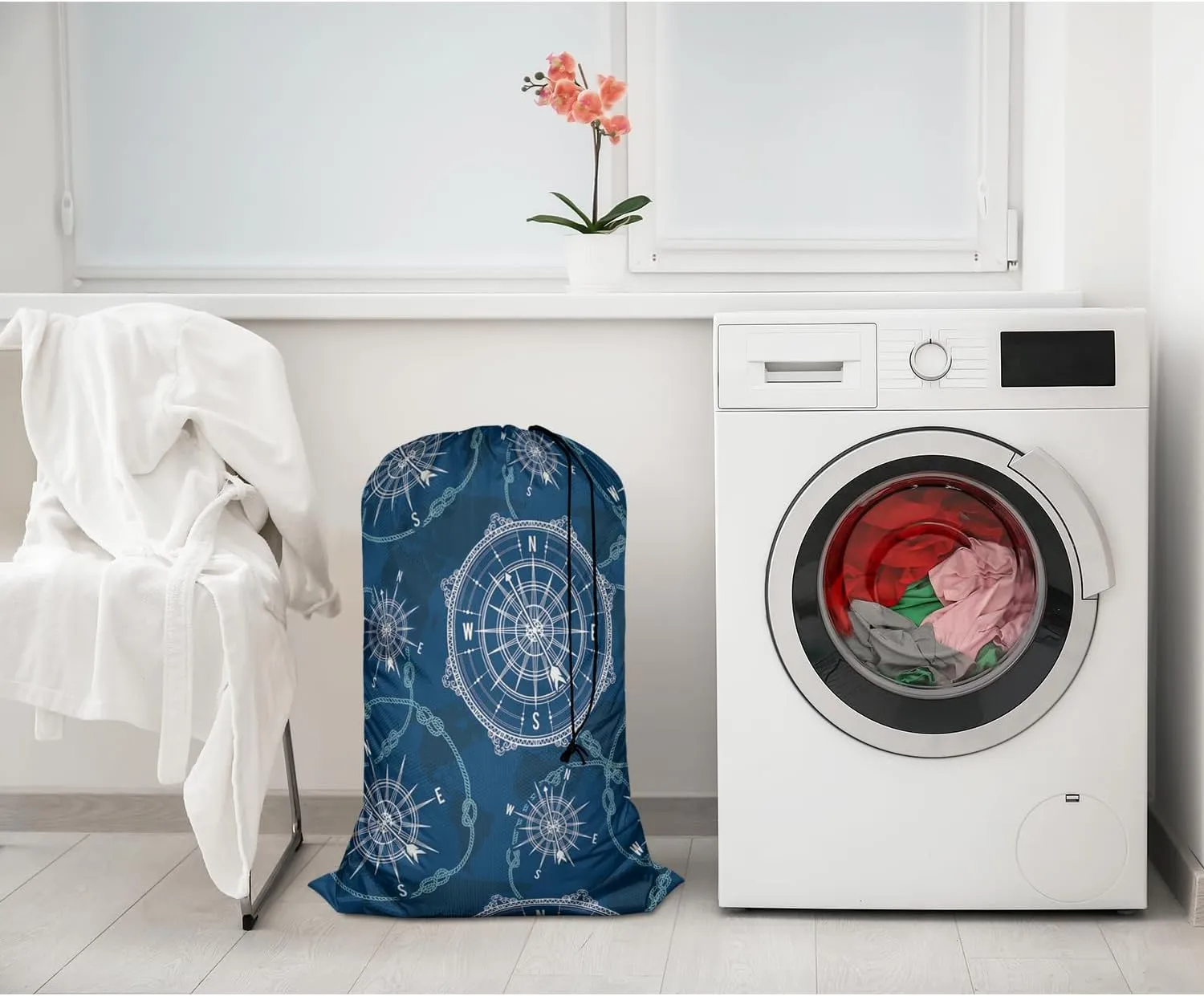 Swono Compass Large Laundry Collapsible Laundry Bag World Map Wind Rose Rope Knot Nautical Navigation Foldable Laundry Hamper Bag, Blue