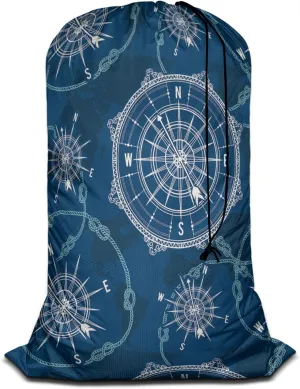 Swono Compass Large Laundry Collapsible Laundry Bag World Map Wind Rose Rope Knot Nautical Navigation Foldable Laundry Hamper Bag, Blue