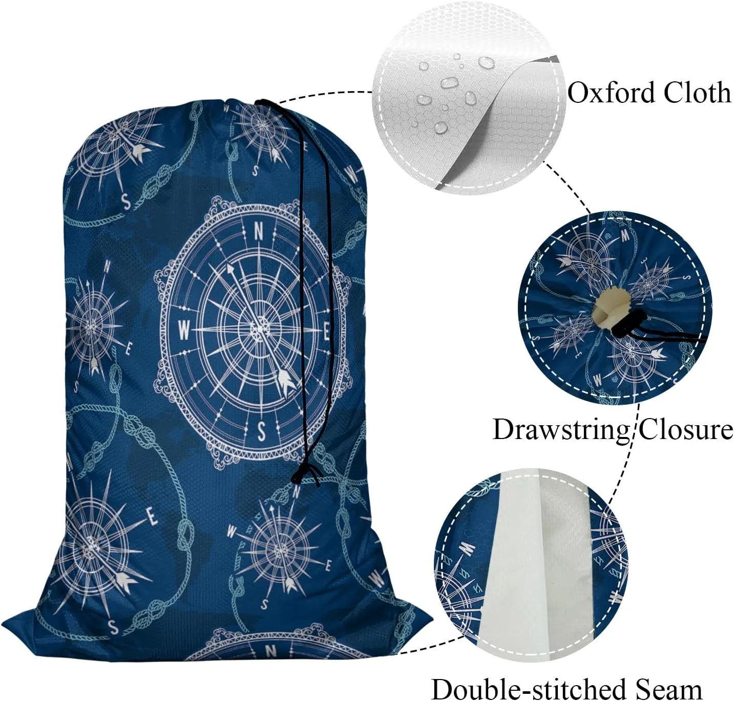 Swono Compass Large Laundry Collapsible Laundry Bag World Map Wind Rose Rope Knot Nautical Navigation Foldable Laundry Hamper Bag, Blue