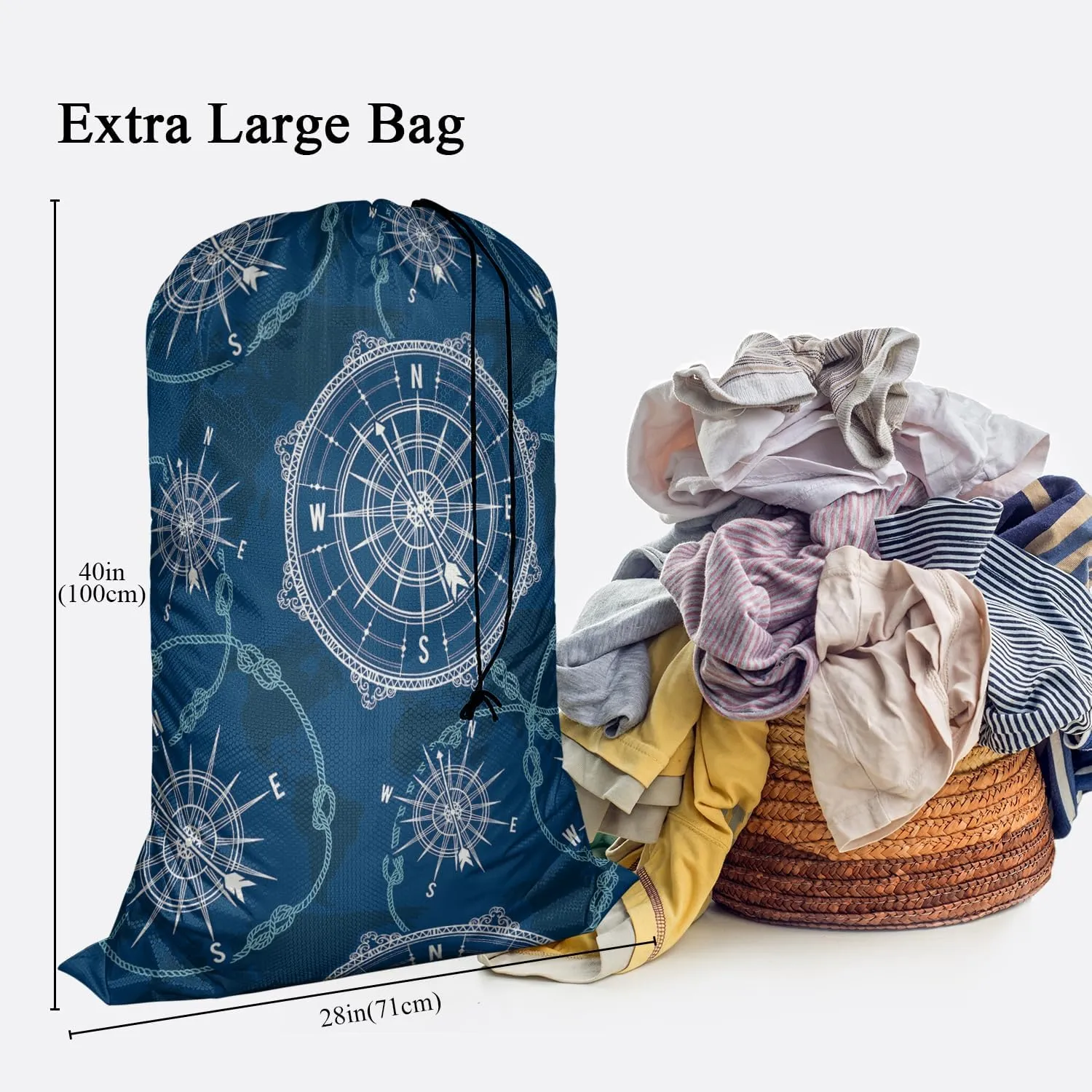 Swono Compass Large Laundry Collapsible Laundry Bag World Map Wind Rose Rope Knot Nautical Navigation Foldable Laundry Hamper Bag, Blue