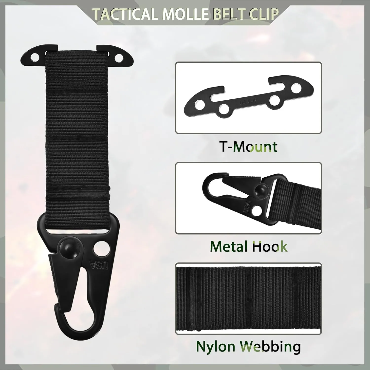 Tactical Gear Molle Clash Hook, Molle Belt Clip with Tee Mount,Tactical Snap Hook Battle Belt Accessories for Gloves Keychains