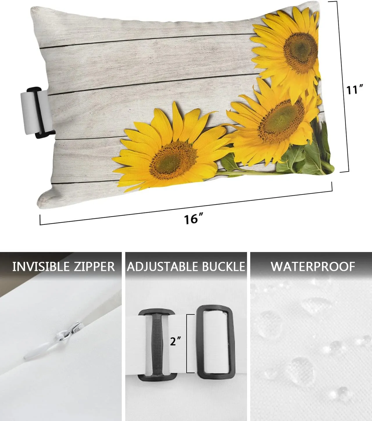 T&H XHome Outdoor Pillow for Chaise Lounge Chair, Sunflowers Wooden Plank Waterproof Headrest Pillow Lumbar Pillows with Insert & Adjustable Elastic Strap for Beach, Poolside, Patio, Office (2 Pack)