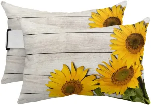 T&H XHome Outdoor Pillow for Chaise Lounge Chair, Sunflowers Wooden Plank Waterproof Headrest Pillow Lumbar Pillows with Insert & Adjustable Elastic Strap for Beach, Poolside, Patio, Office (2 Pack)