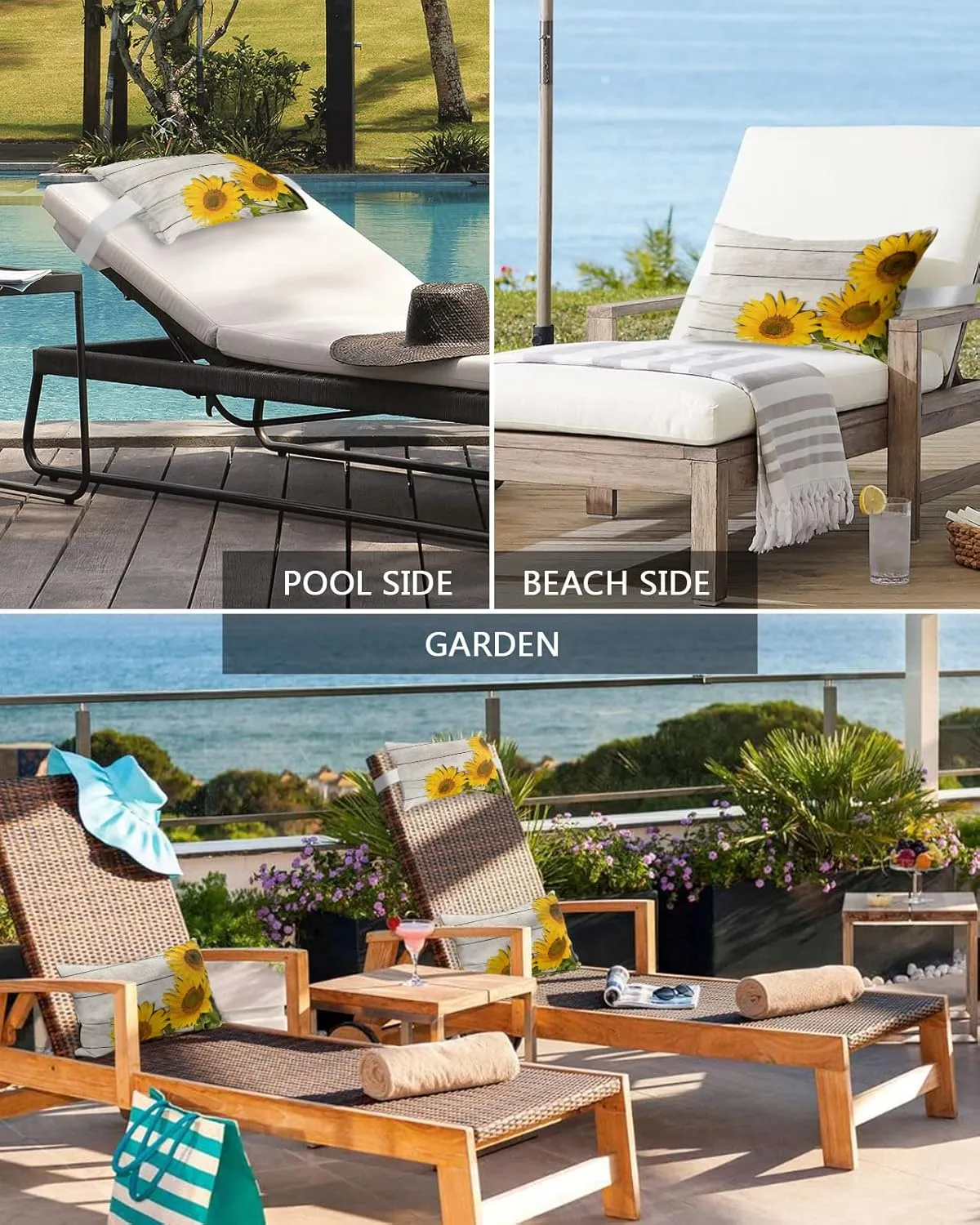 T&H XHome Outdoor Pillow for Chaise Lounge Chair, Sunflowers Wooden Plank Waterproof Headrest Pillow Lumbar Pillows with Insert & Adjustable Elastic Strap for Beach, Poolside, Patio, Office (2 Pack)