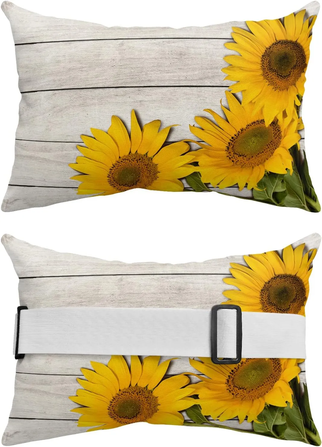 T&H XHome Outdoor Pillow for Chaise Lounge Chair, Sunflowers Wooden Plank Waterproof Headrest Pillow Lumbar Pillows with Insert & Adjustable Elastic Strap for Beach, Poolside, Patio, Office (2 Pack)