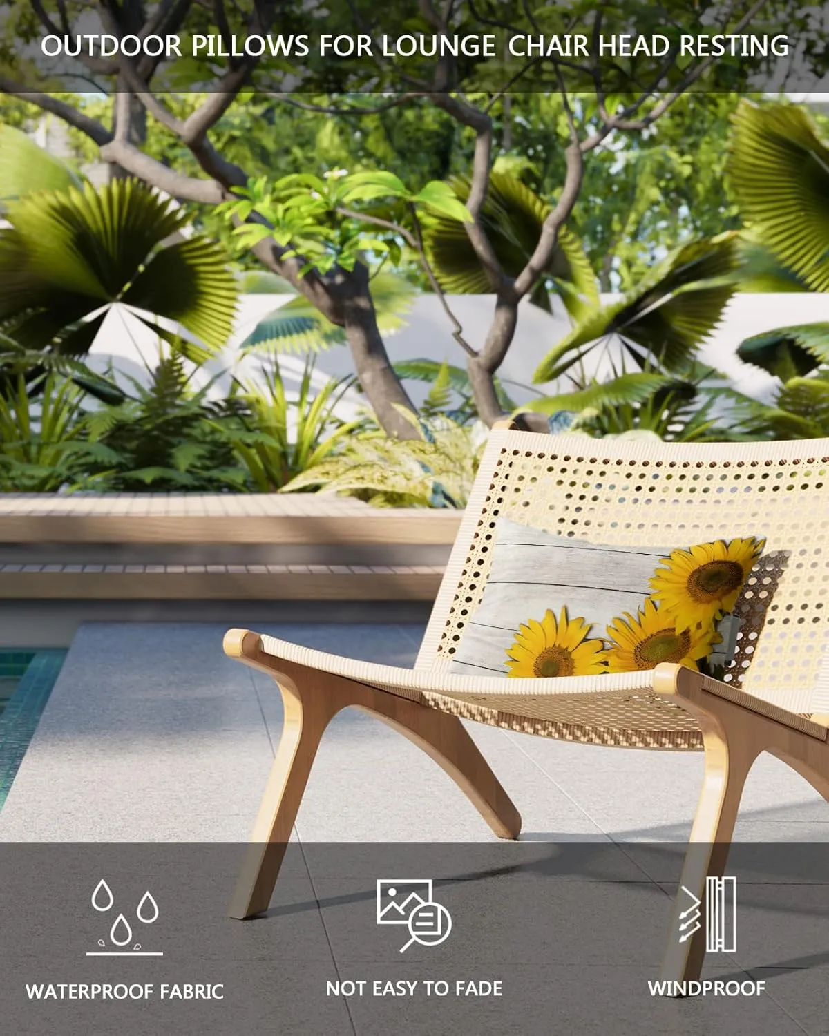 T&H XHome Outdoor Pillow for Chaise Lounge Chair, Sunflowers Wooden Plank Waterproof Headrest Pillow Lumbar Pillows with Insert & Adjustable Elastic Strap for Beach, Poolside, Patio, Office (2 Pack)